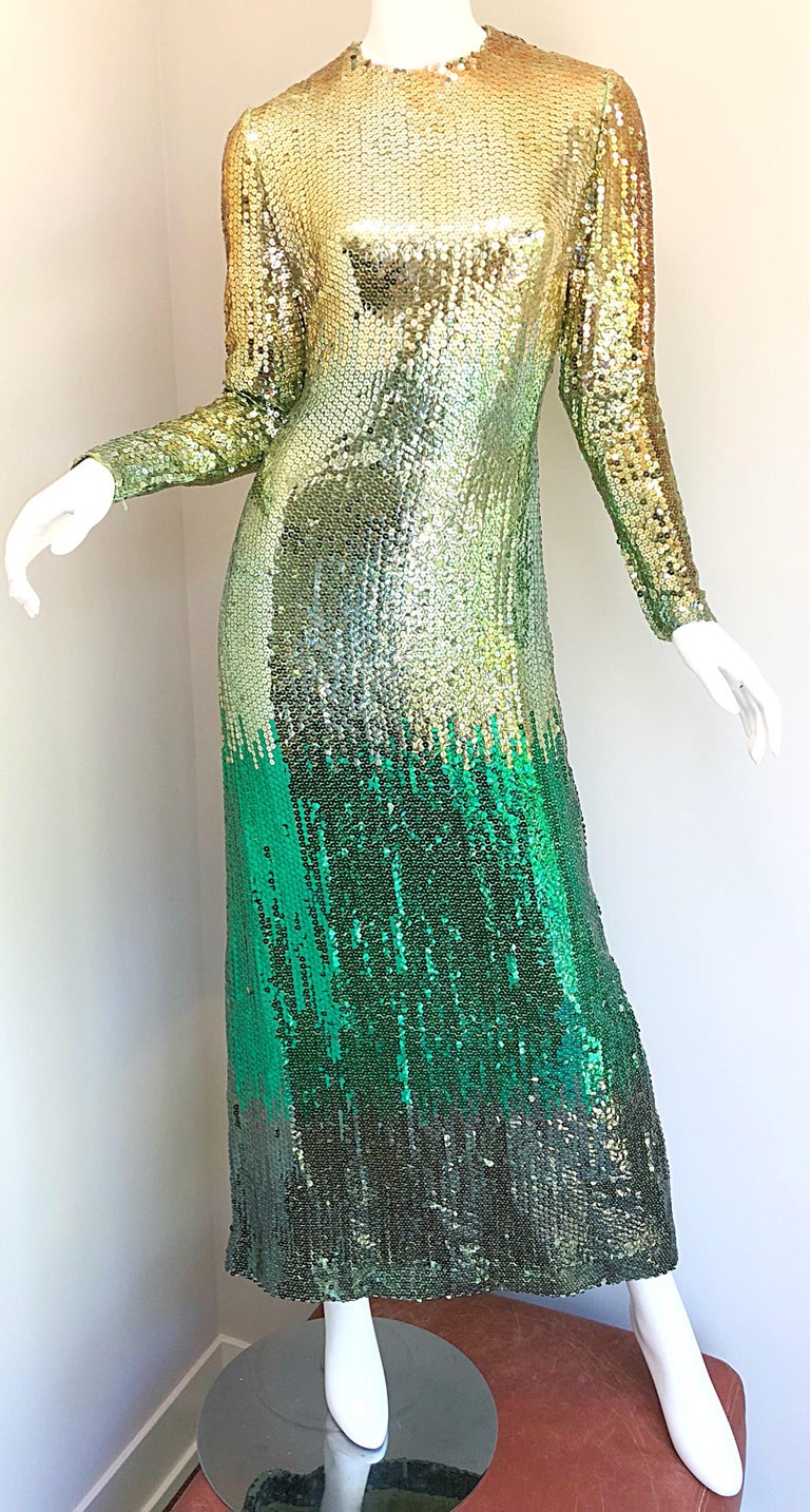 Amazing 1960s Bill Blass Gold + Green Ombre Sequined Vintage 60s Gown ...