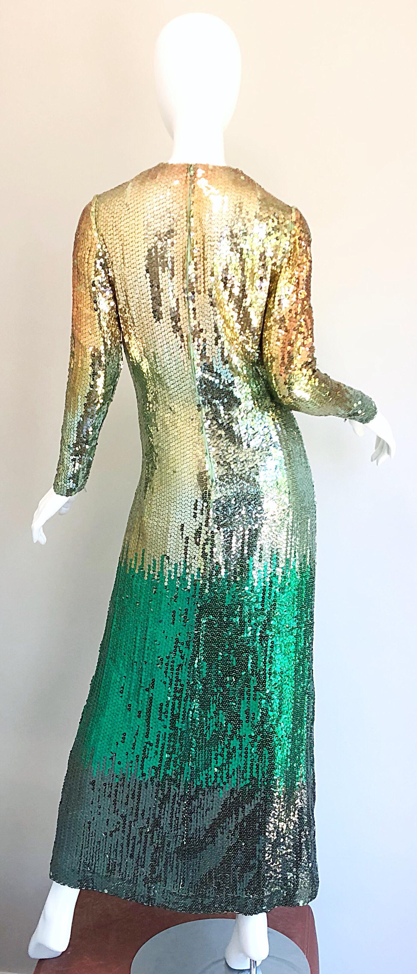 Women's Amazing 1960s Bill Blass Gold + Green Ombre Sequined Vintage 60s Gown Dress