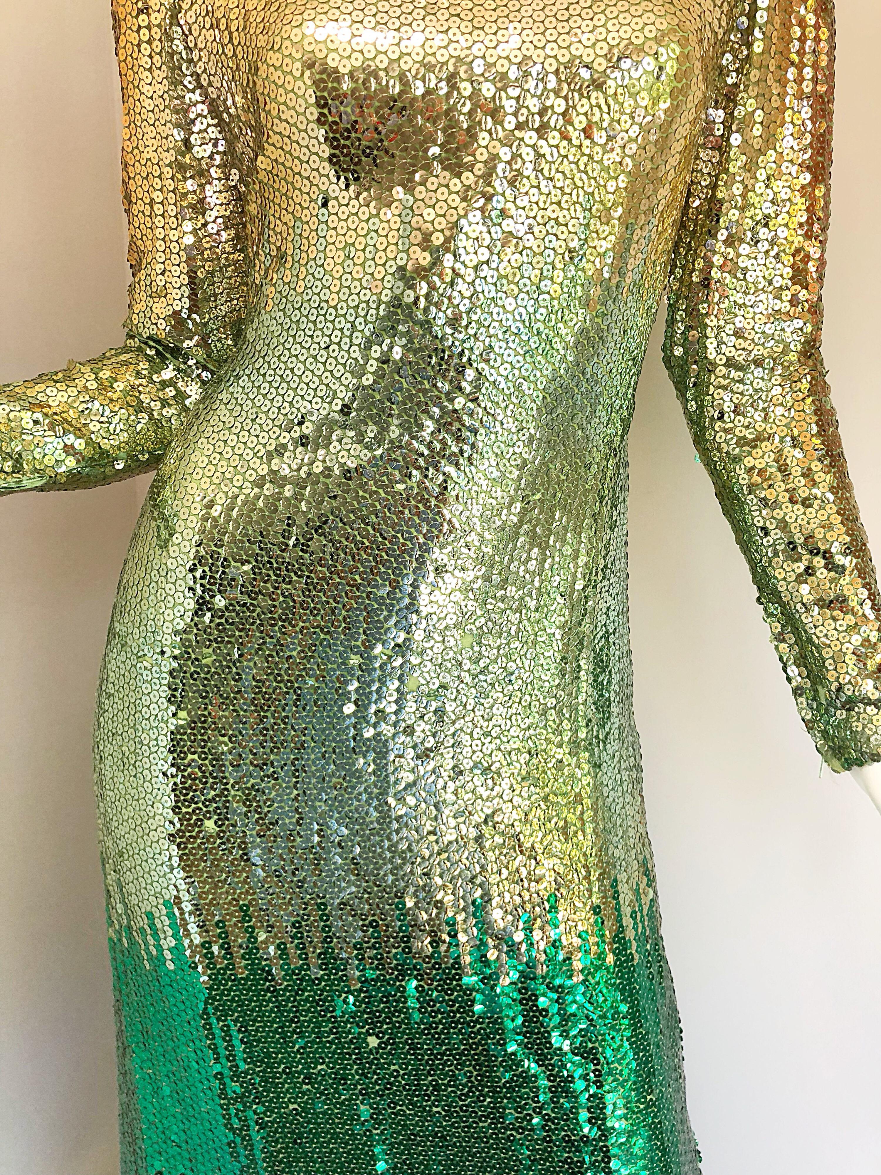 Amazing 1960s Bill Blass Gold + Green Ombre Sequined Vintage 60s Gown Dress 1