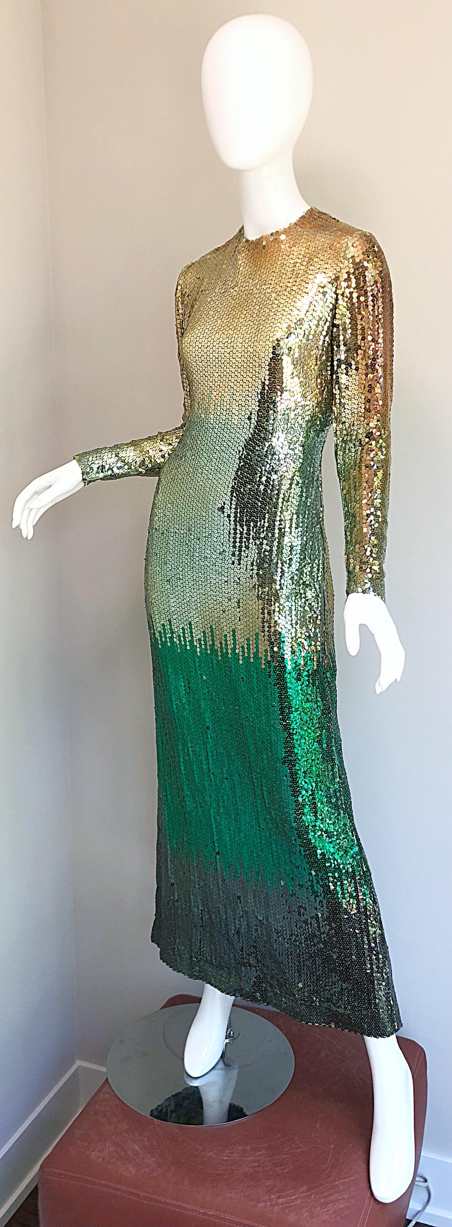 Amazing 1960s Bill Blass Gold + Green Ombre Sequined Vintage 60s Gown Dress 2
