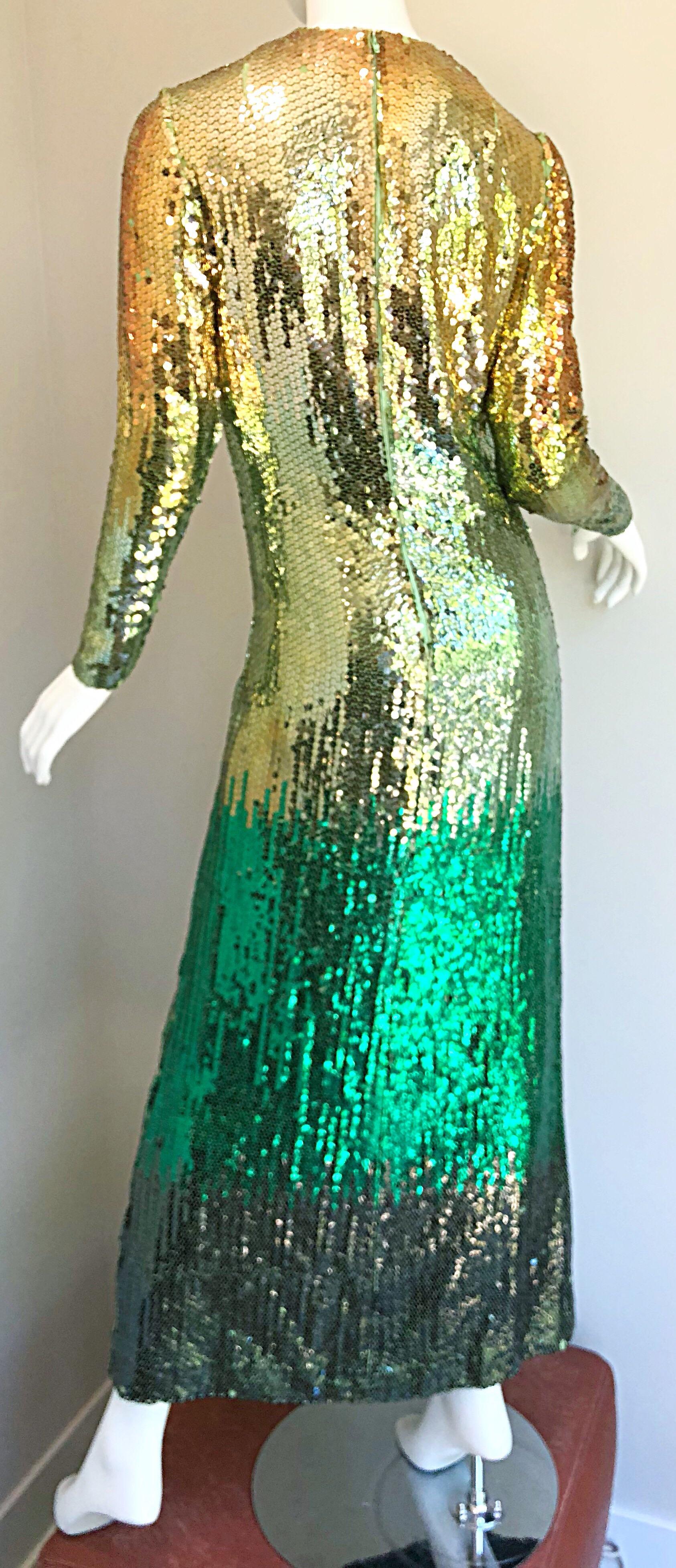 Amazing 1960s Bill Blass Gold + Green Ombre Sequined Vintage 60s Gown Dress 3