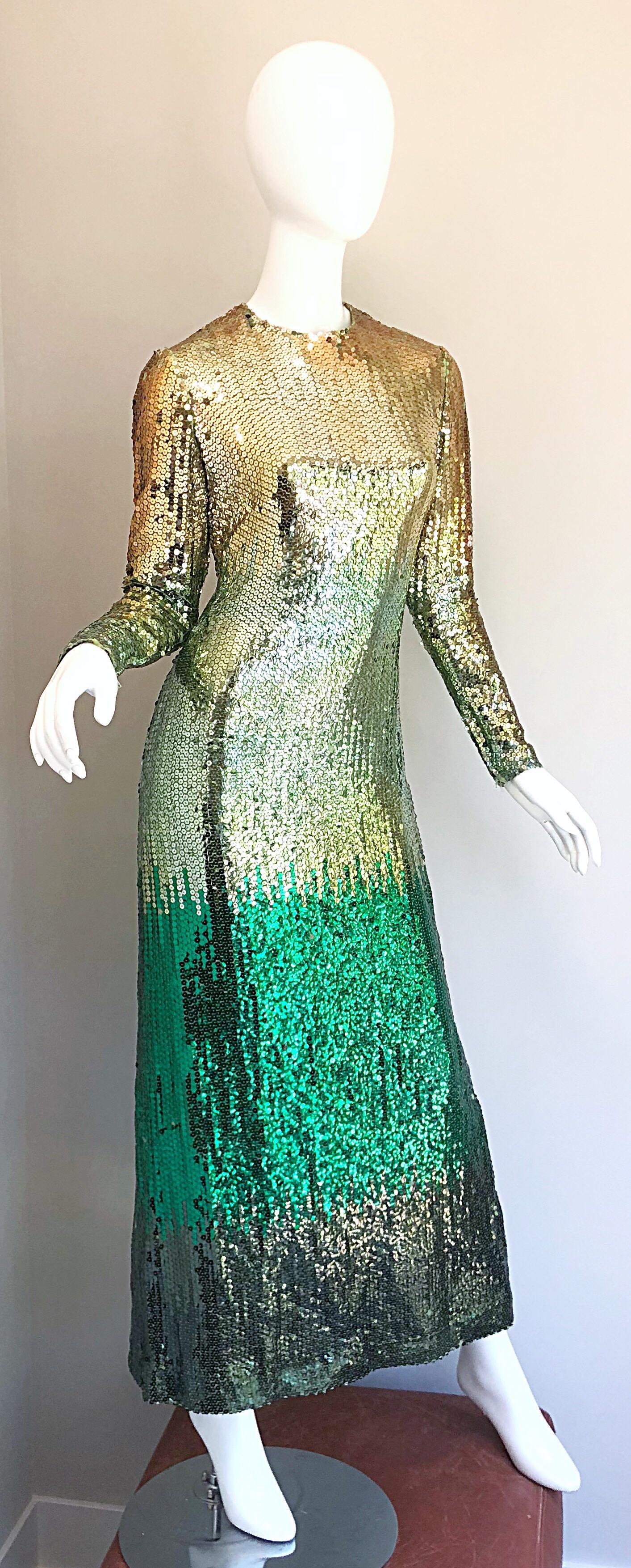Amazing 1960s Bill Blass Gold + Green Ombre Sequined Vintage 60s Gown Dress 4
