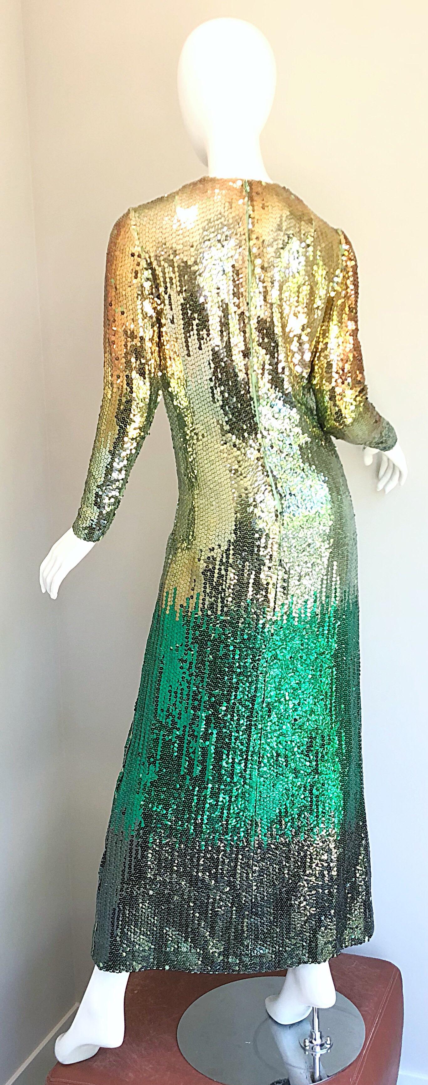 Amazing 1960s Bill Blass Gold + Green Ombre Sequined Vintage 60s Gown Dress 5