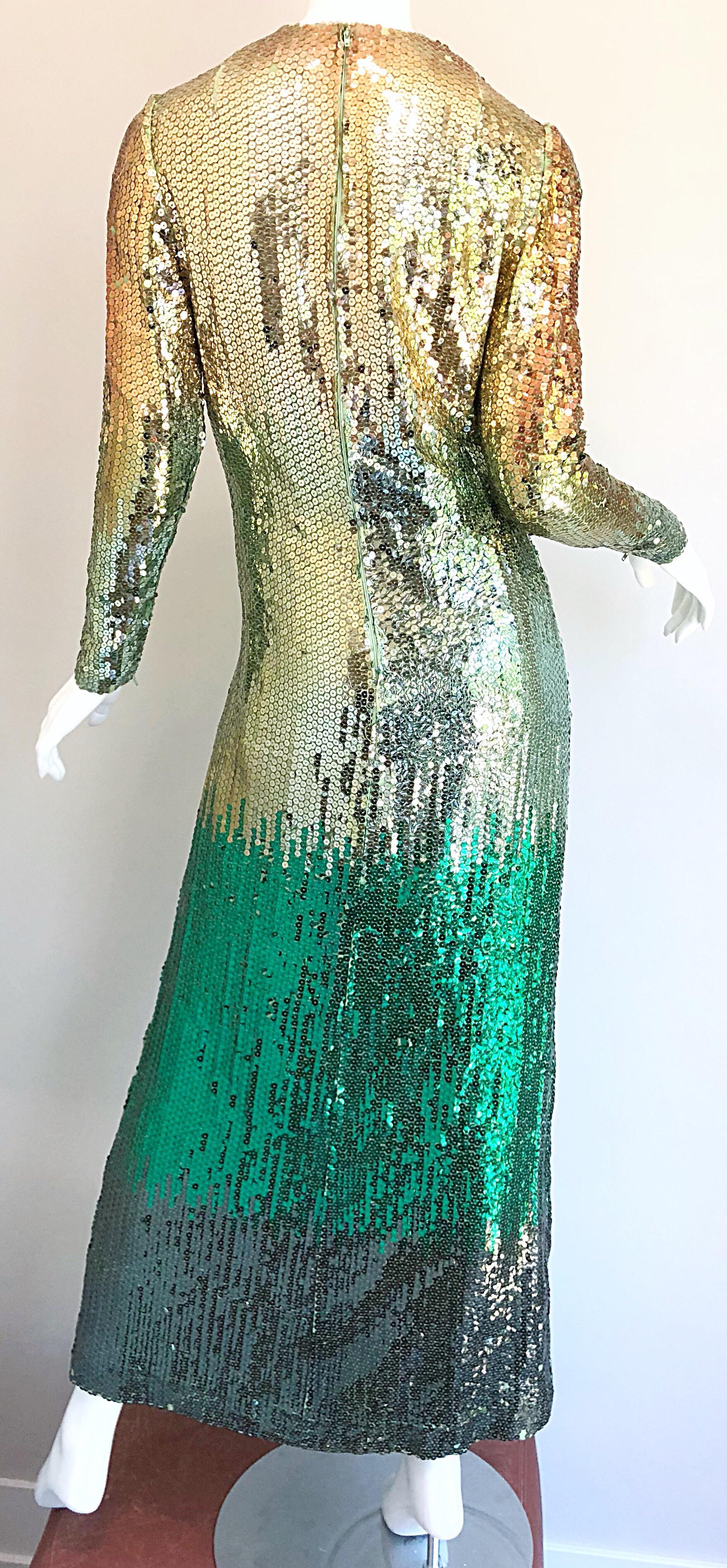 Amazing 1960s Bill Blass Gold + Green Ombre Sequined Vintage 60s Gown Dress 6