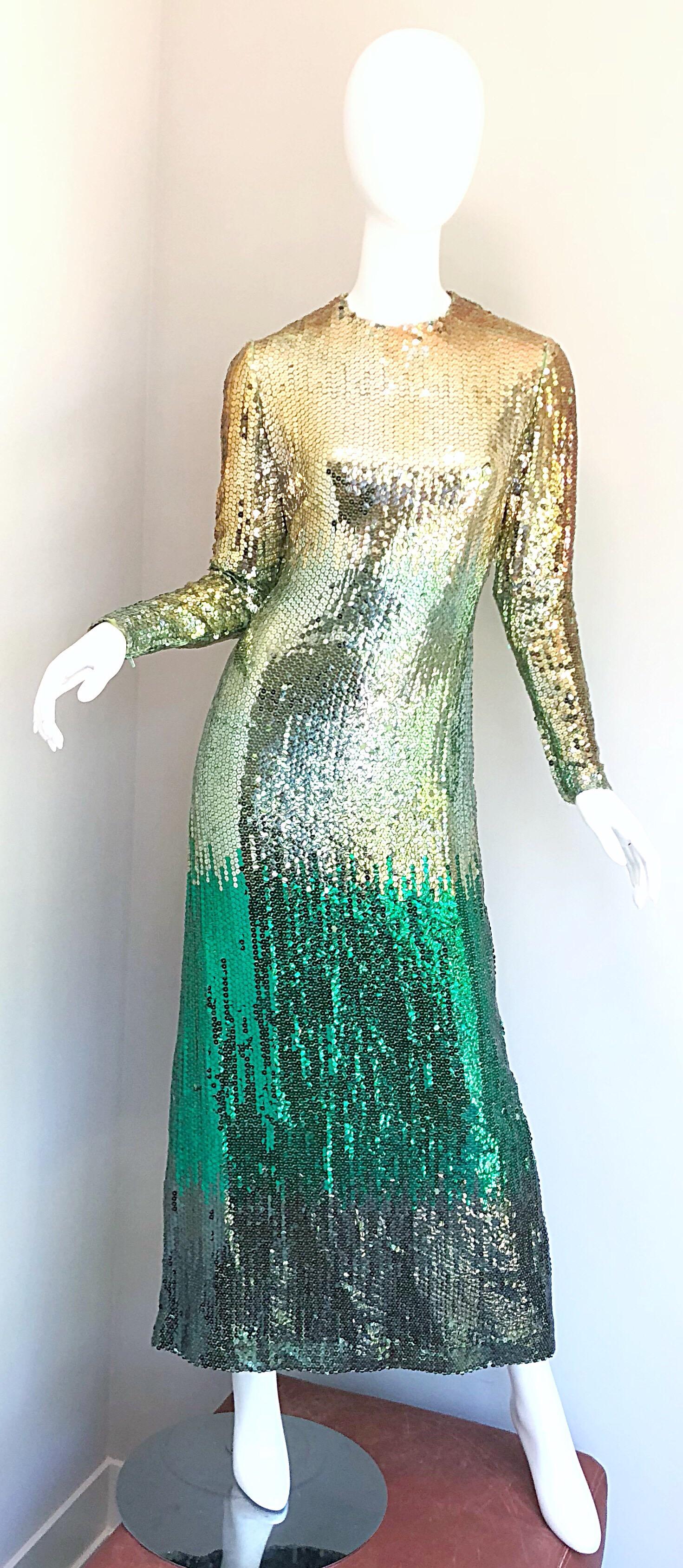 Amazing 1960s Bill Blass Gold + Green Ombre Sequined Vintage 60s Gown Dress 7