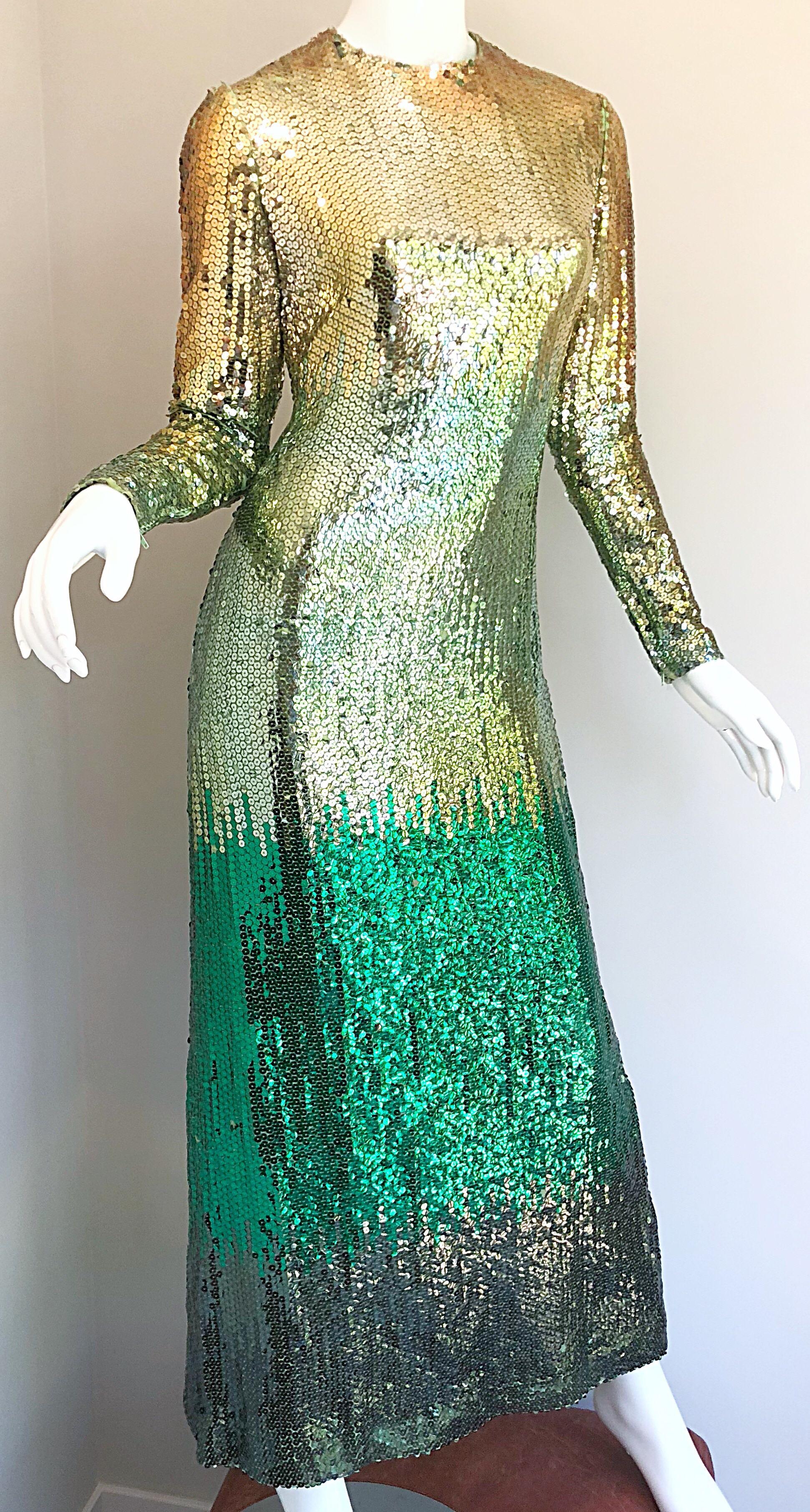 Amazing 1960s Bill Blass Gold + Green Ombre Sequined Vintage 60s Gown Dress 8