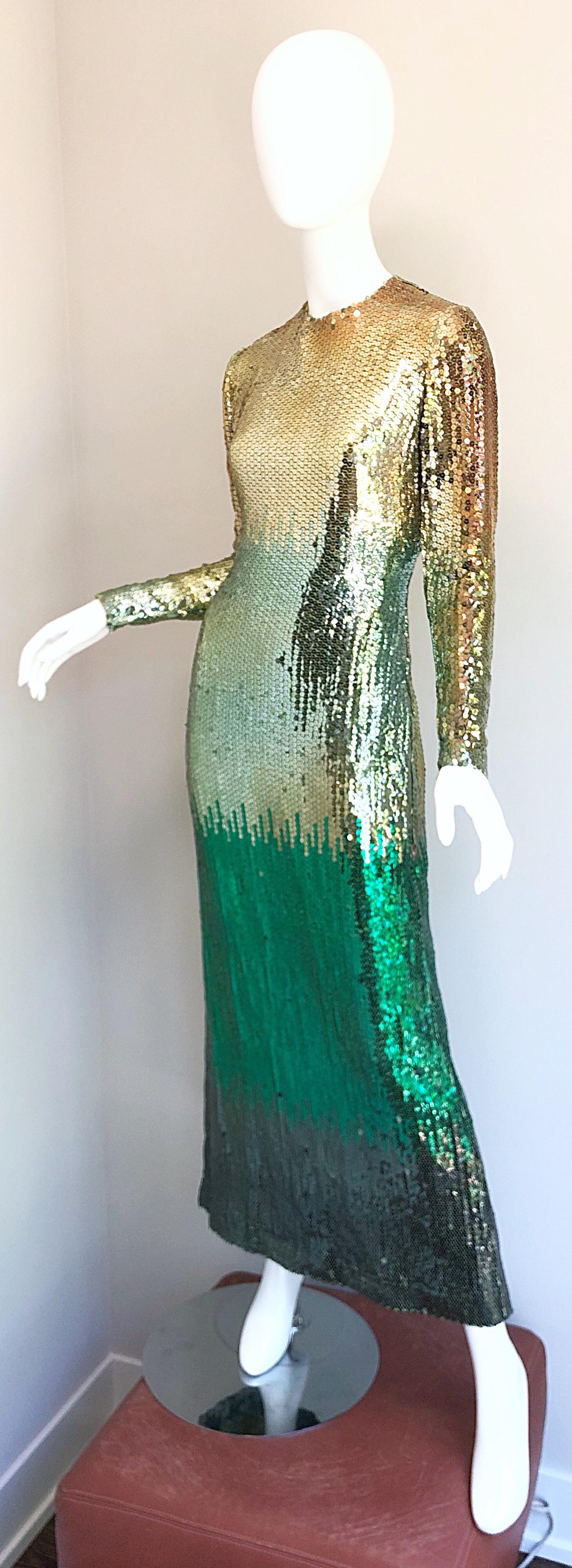 Amazing 1960s Bill Blass Gold + Green Ombre Sequined Vintage 60s Gown Dress 9