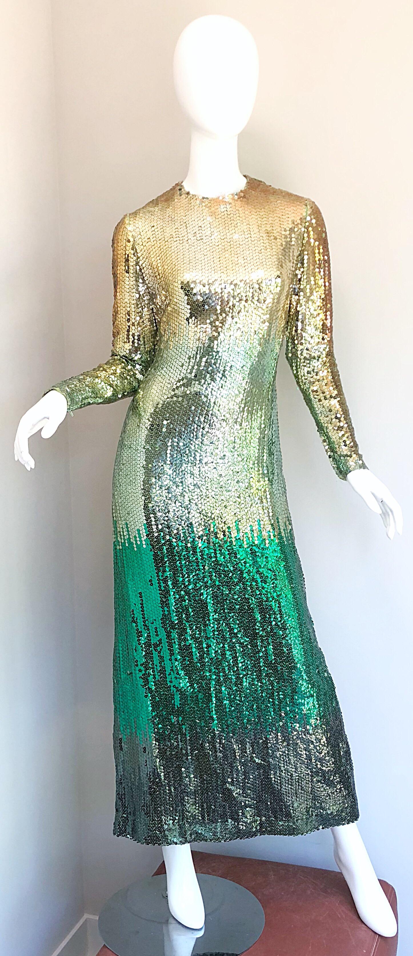 Amazing 1960s Bill Blass Gold + Green Ombre Sequined Vintage 60s Gown Dress 10