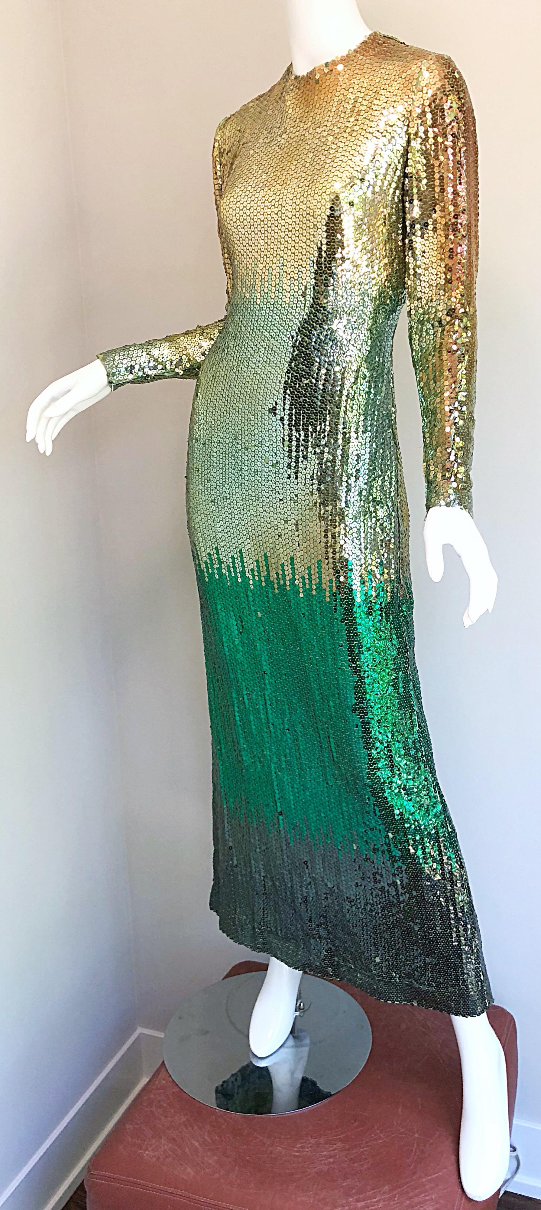 Amazing 1960s Bill Blass Gold + Green Ombre Sequined Vintage 60s Gown Dress 11