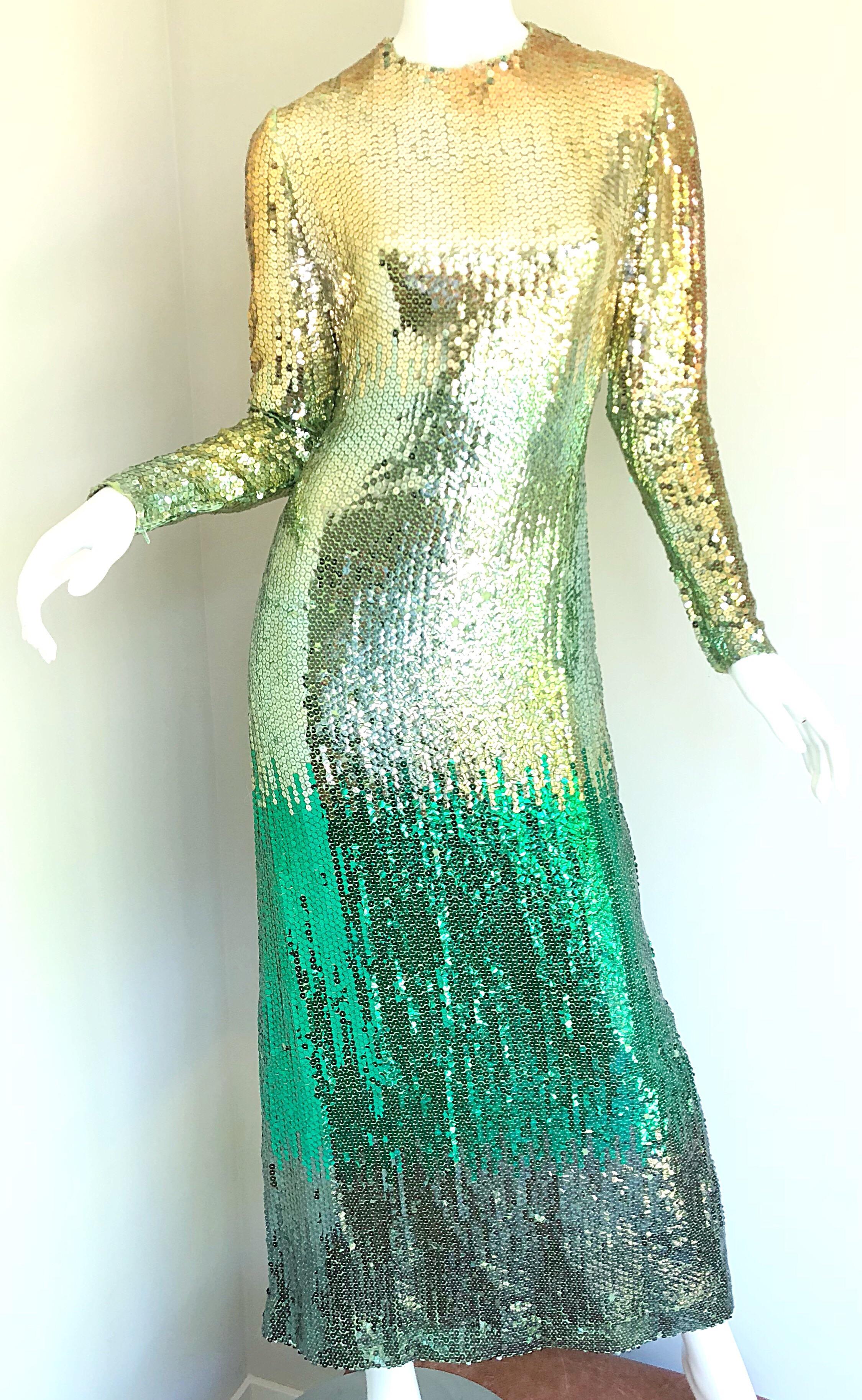 Amazing 1960s Bill Blass Gold + Green Ombre Sequined Vintage 60s Gown Dress 12