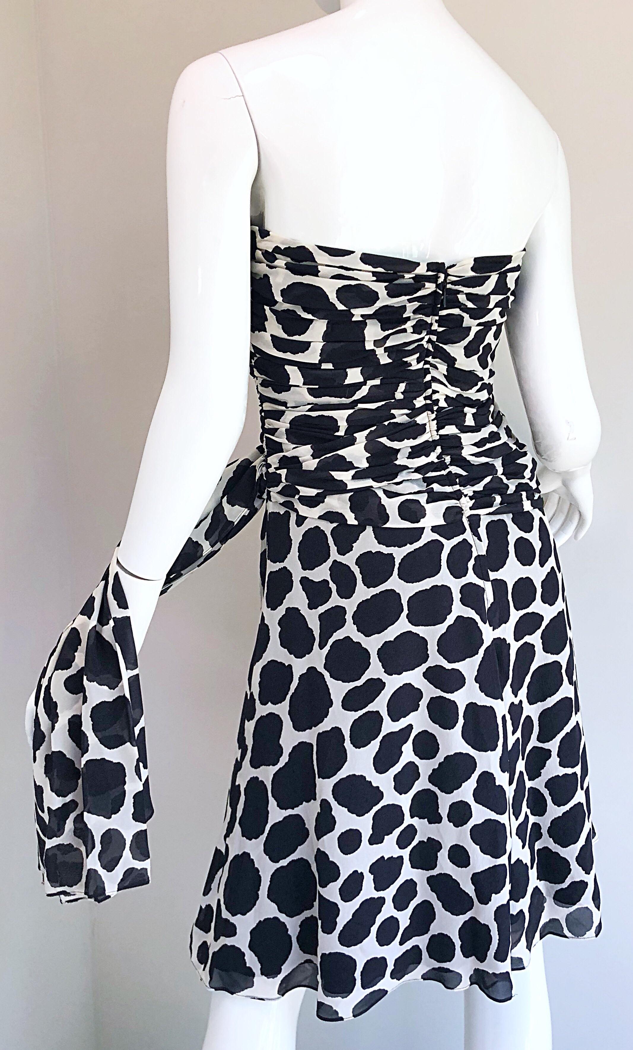 1990s Louis Feraud Size 8 Black and White Vintage Strapless Chiffon Dress 8