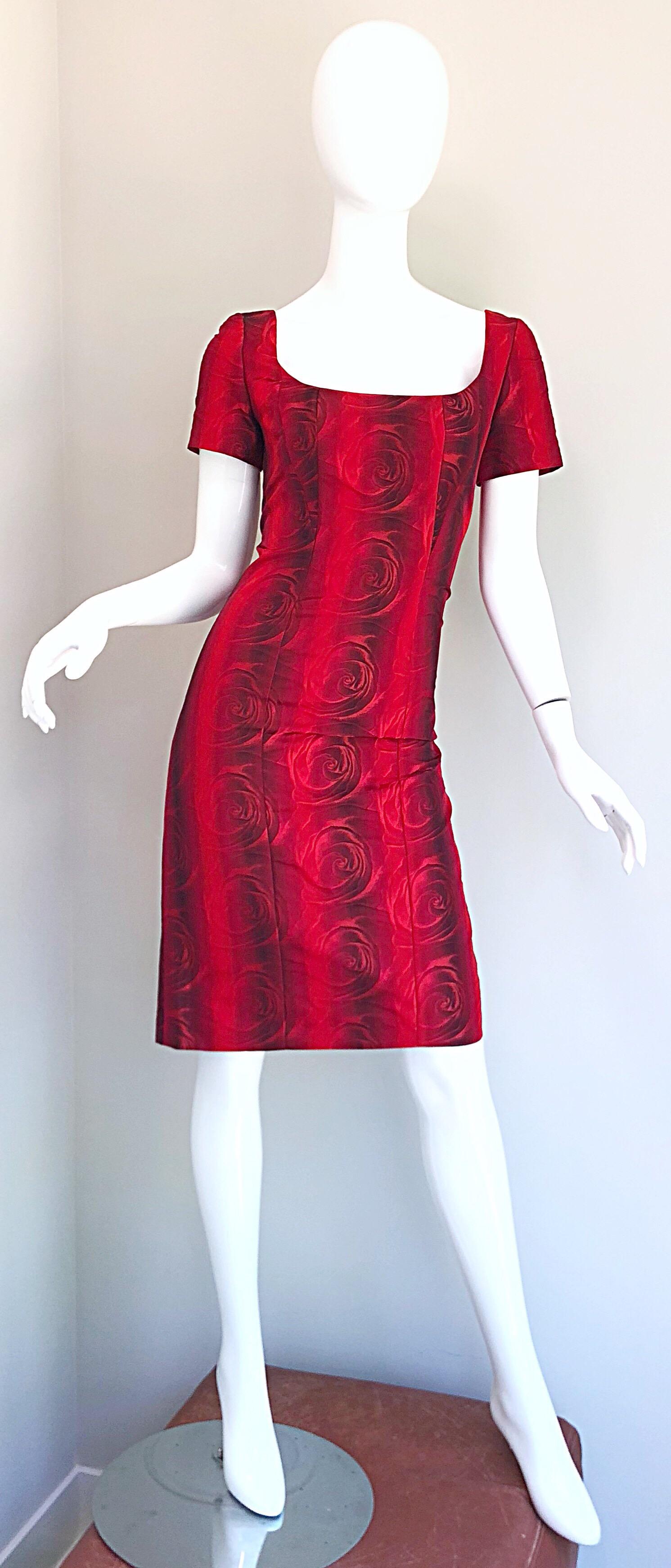 1990s Louis Feraud Size 6 Red Silk Abstract Rose Print Vintage 90s Silk Dress In Excellent Condition For Sale In San Diego, CA