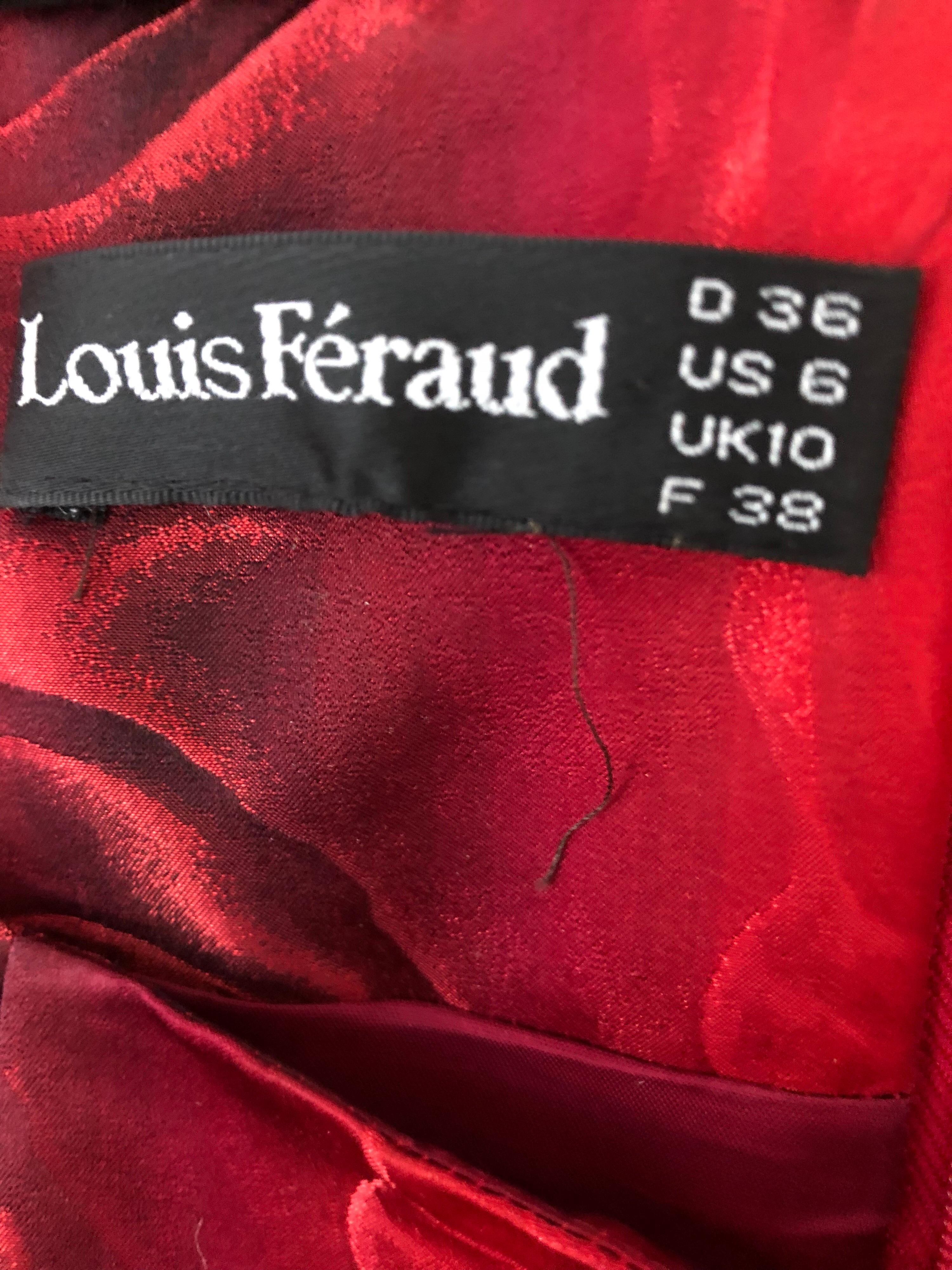 Amazing early 1990s LOUIS FERAUD red three dimensional rose print short sleeve silk dress! Not just your average red dress. This gem features roses discretely printed throughout. Flattering bodycon fit has a bit of stretch. Hidden zipper up the back