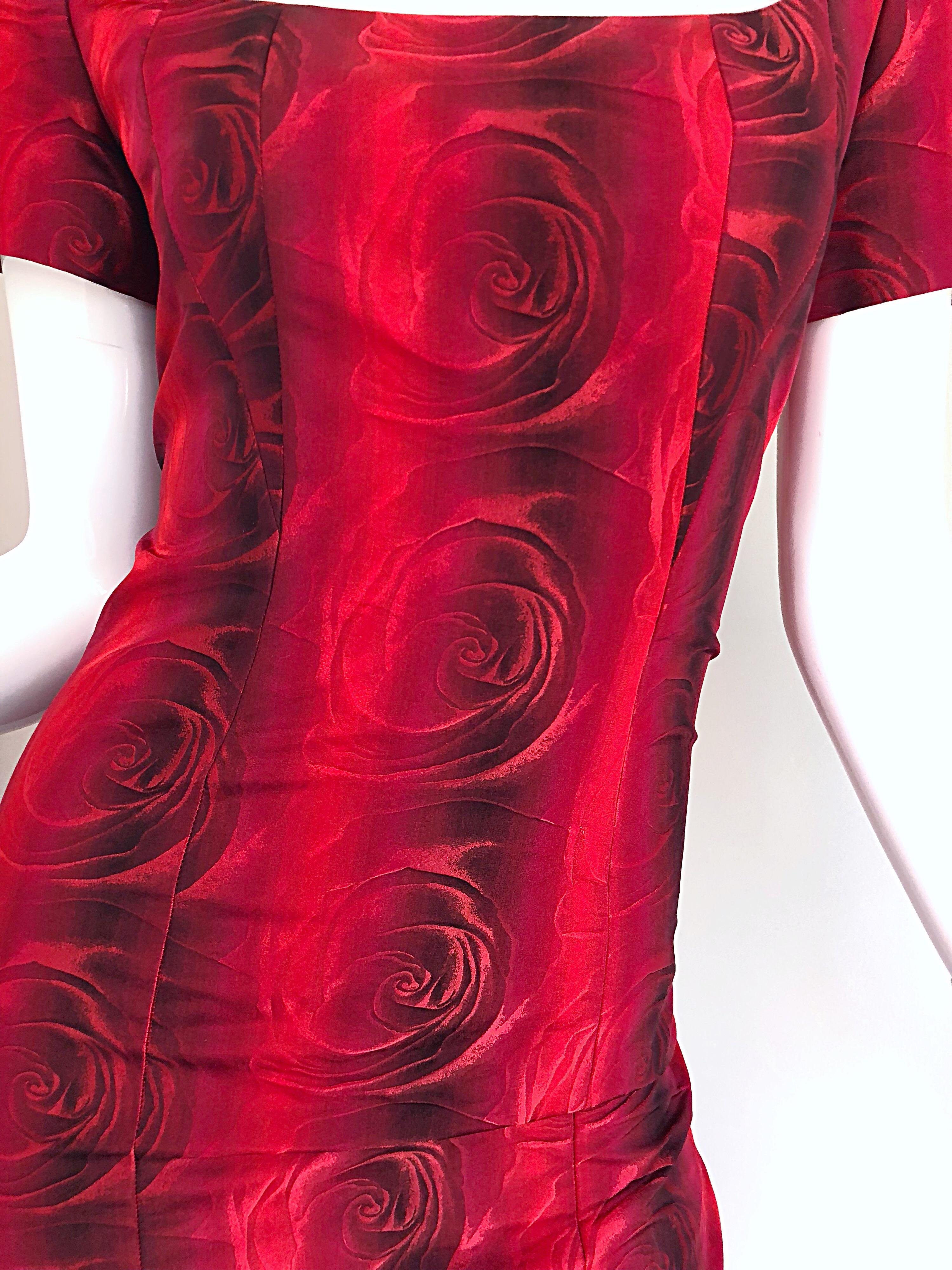 Women's 1990s Louis Feraud Size 6 Red Silk Abstract Rose Print Vintage 90s Silk Dress For Sale