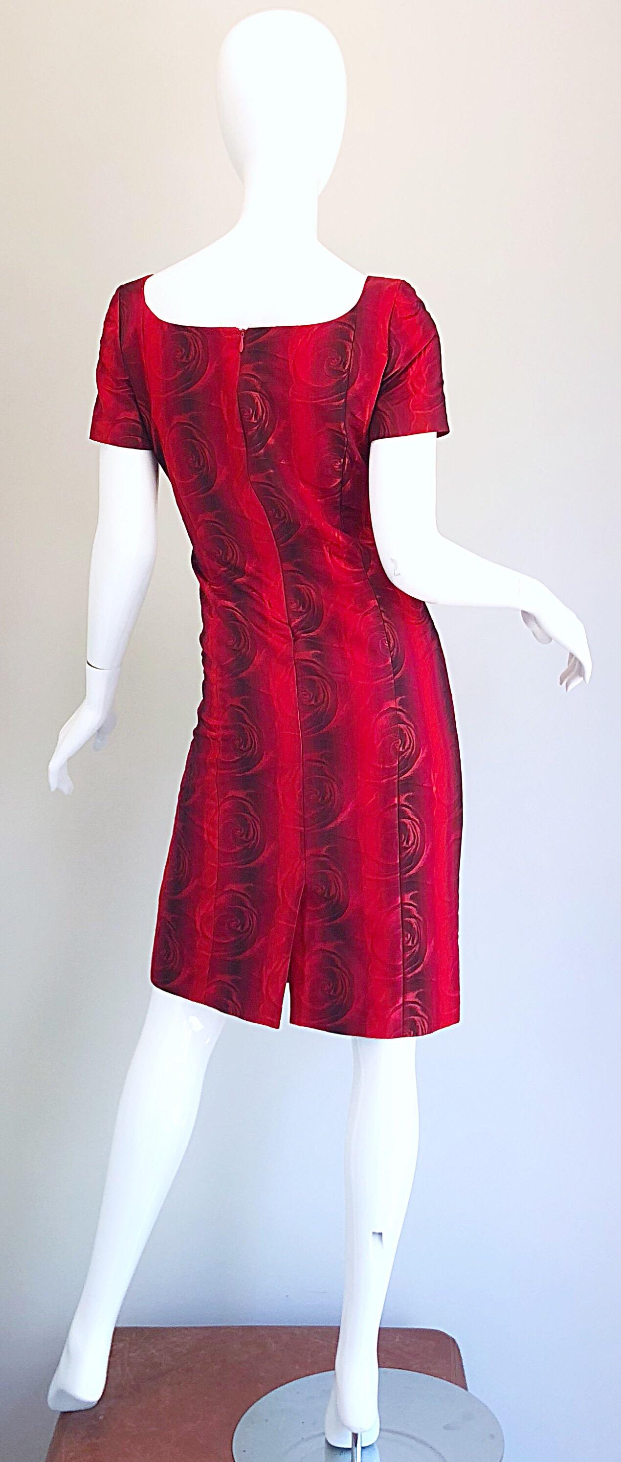 1990s Louis Feraud Size 6 Red Silk Abstract Rose Print Vintage 90s Silk Dress For Sale 1