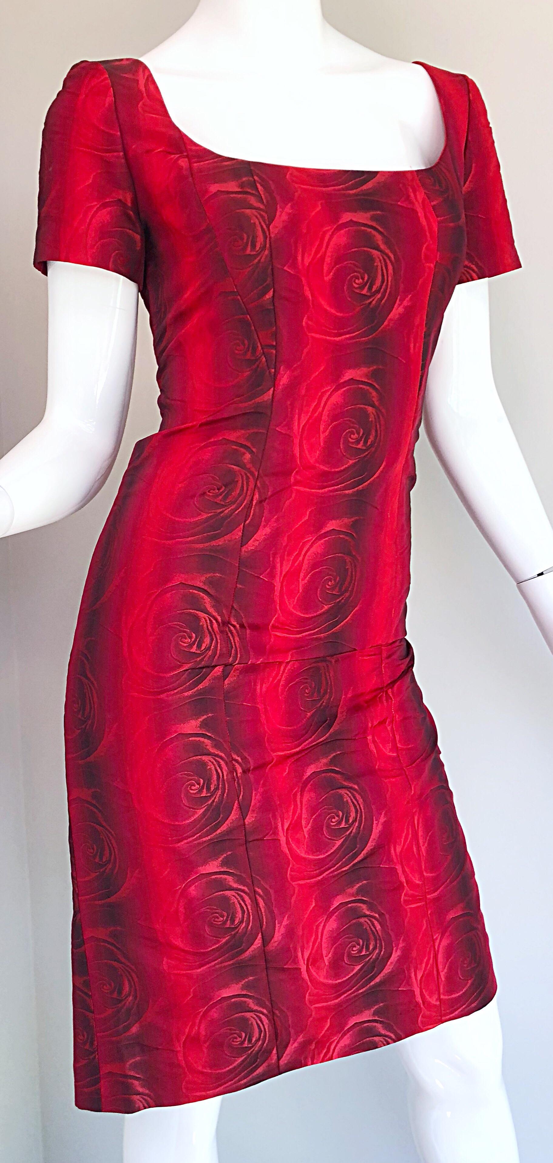 1990s Louis Feraud Size 6 Red Silk Abstract Rose Print Vintage 90s Silk Dress For Sale 3