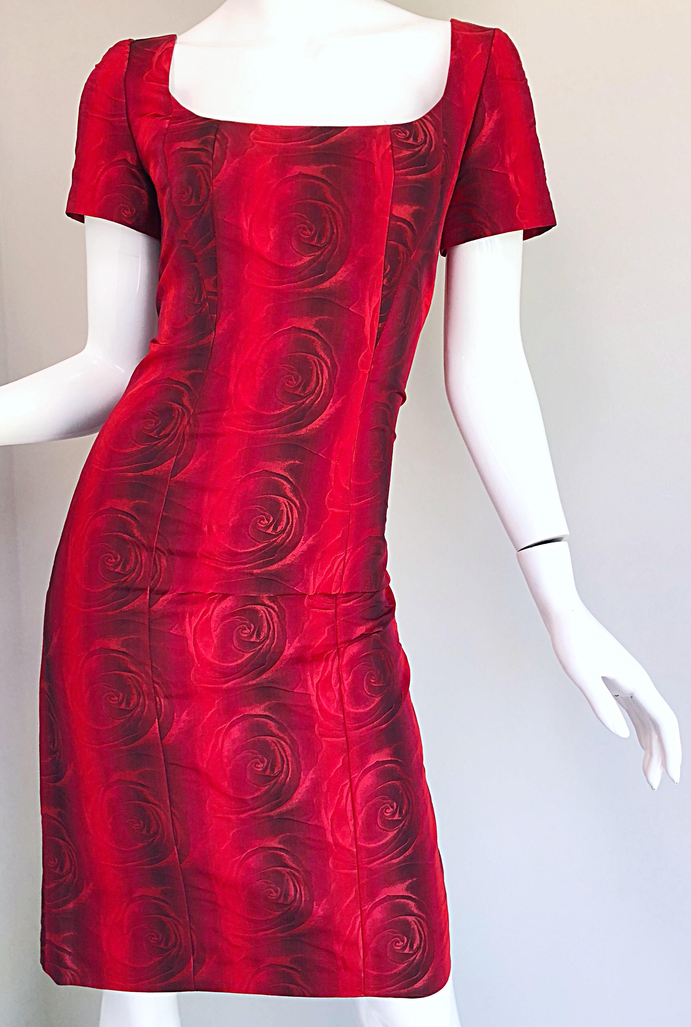 1990s Louis Feraud Size 6 Red Silk Abstract Rose Print Vintage 90s Silk Dress For Sale 5