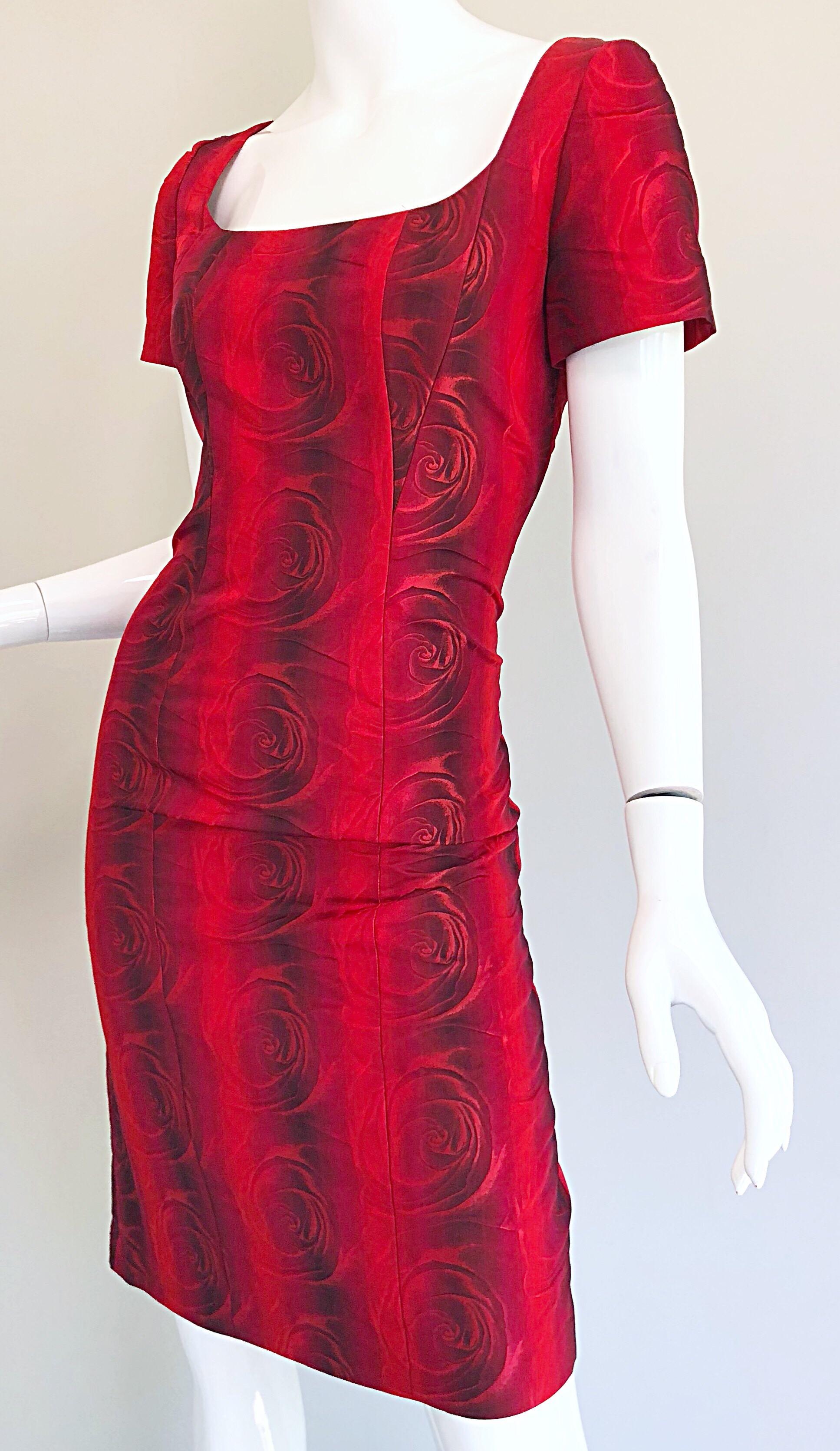 1990s Louis Feraud Size 6 Red Silk Abstract Rose Print Vintage 90s Silk Dress For Sale 6