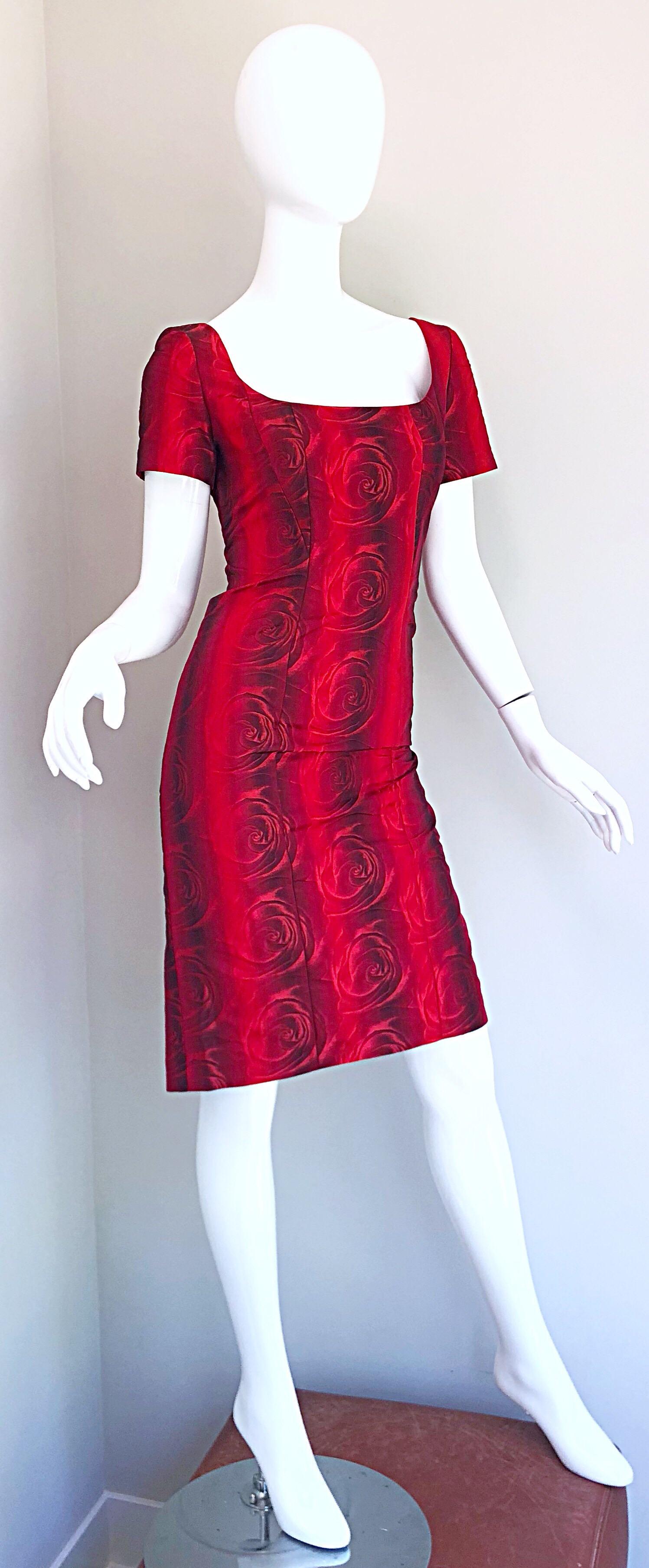 1990s Louis Feraud Size 6 Red Silk Abstract Rose Print Vintage 90s Silk Dress For Sale 7