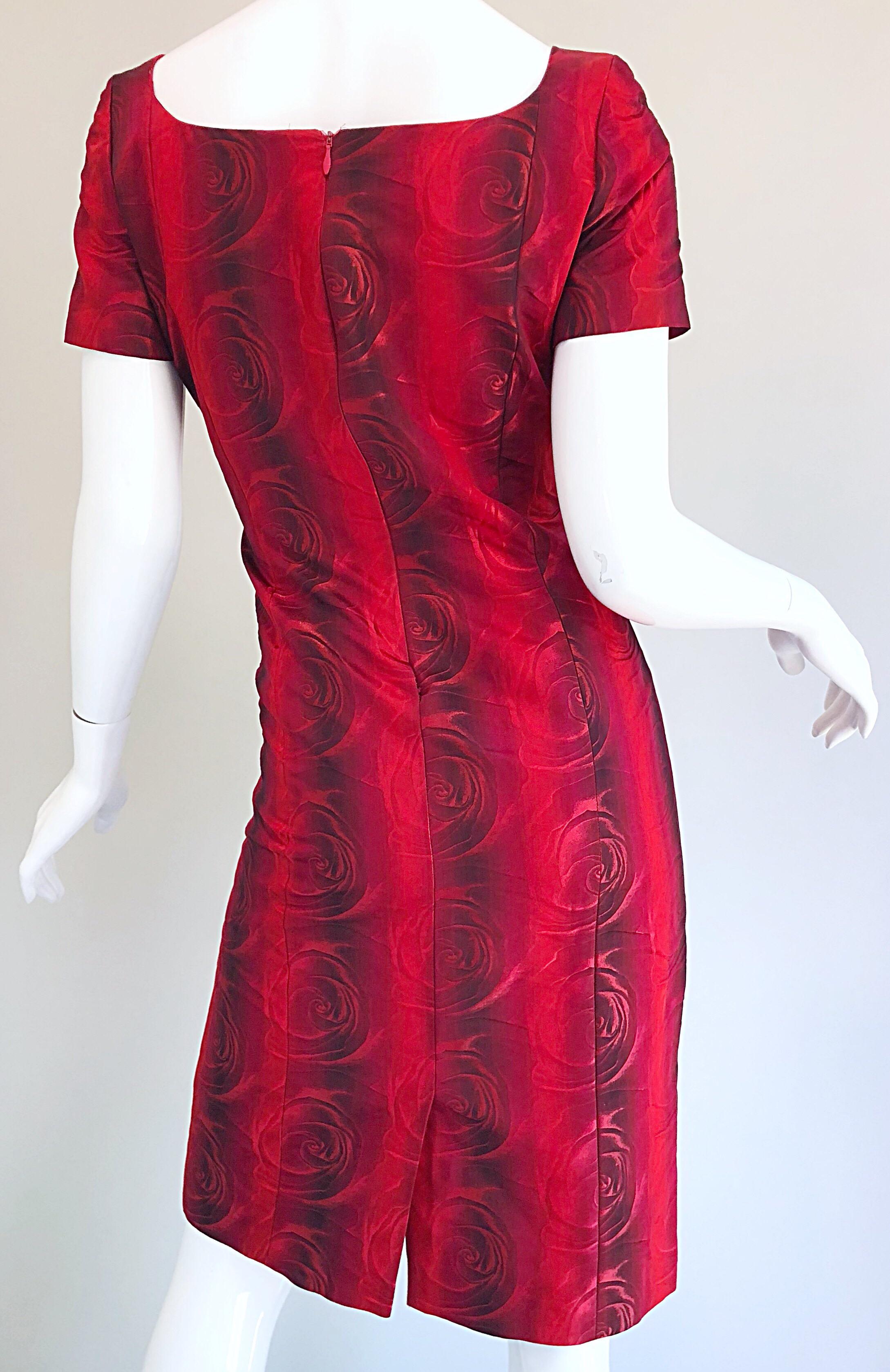 1990s Louis Feraud Size 6 Red Silk Abstract Rose Print Vintage 90s Silk Dress For Sale 8