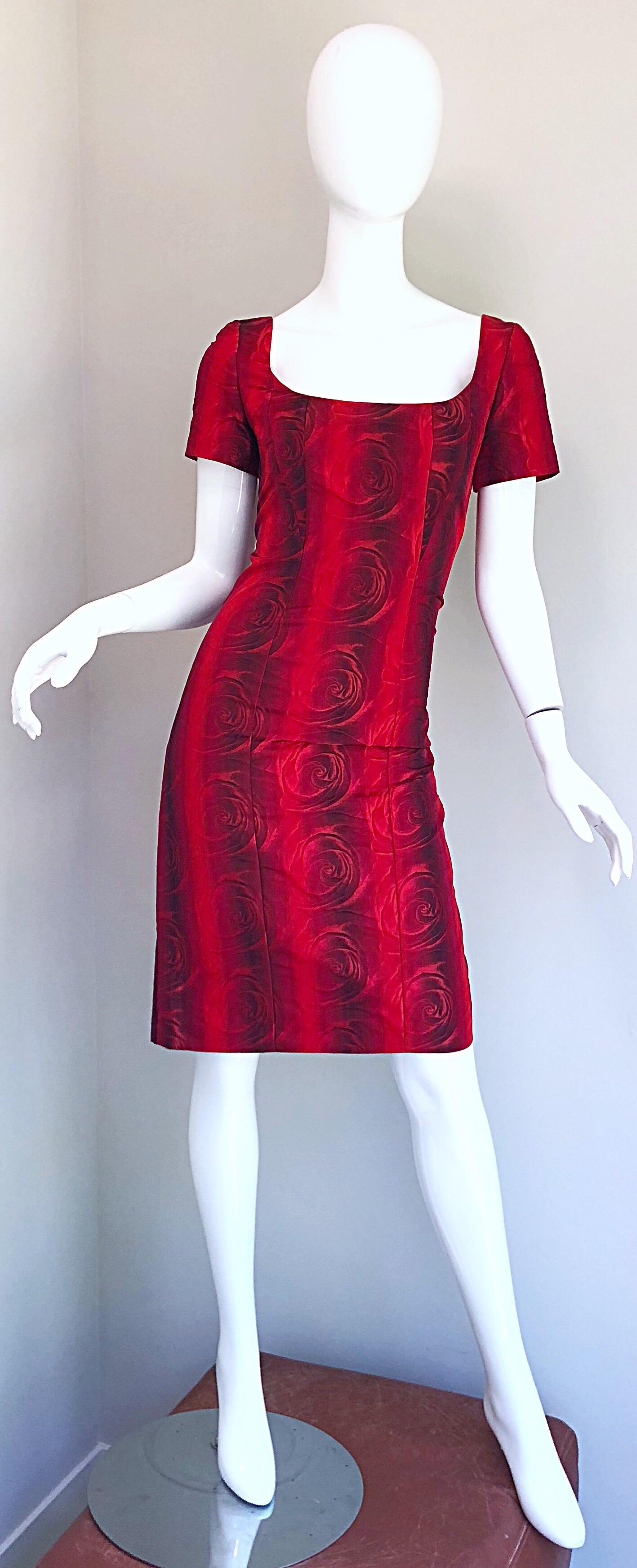 1990s Louis Feraud Size 6 Red Silk Abstract Rose Print Vintage 90s Silk Dress For Sale 9