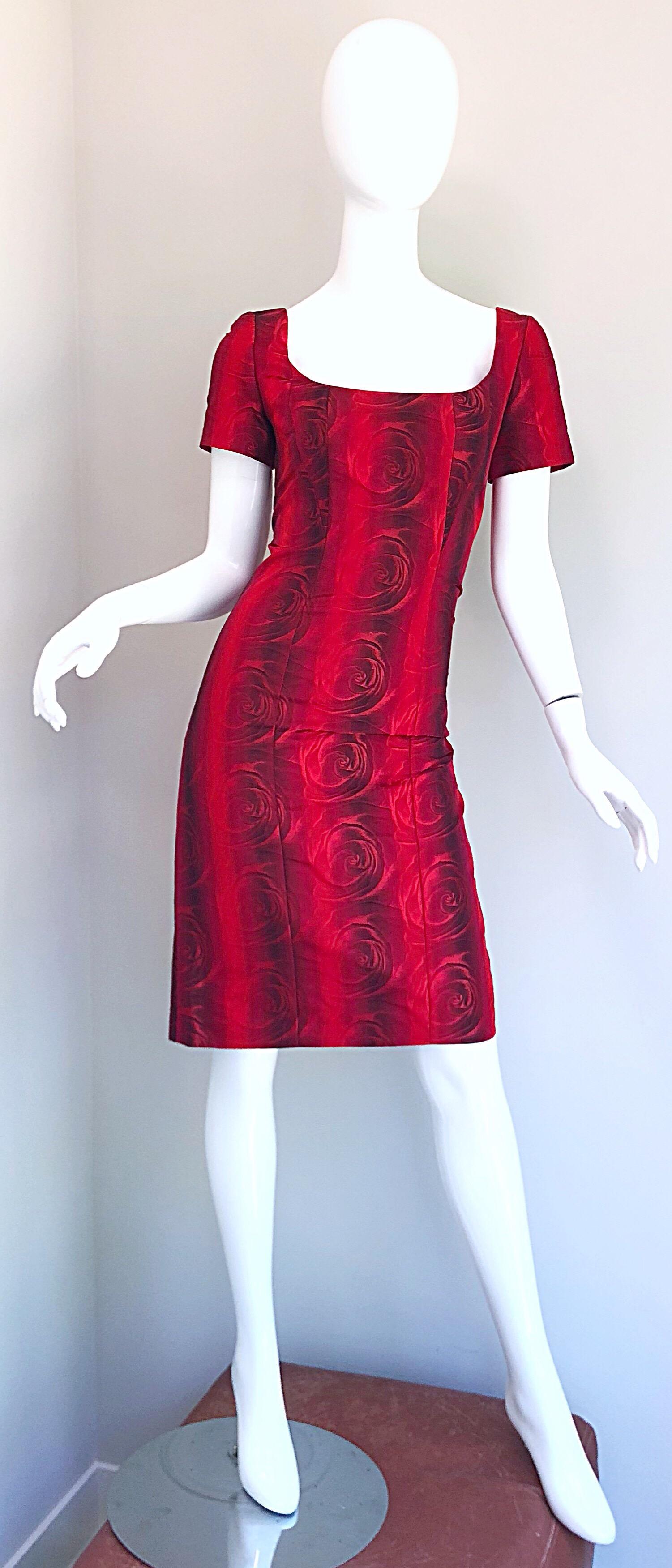 1990s Louis Feraud Size 6 Red Silk Abstract Rose Print Vintage 90s Silk Dress For Sale 12