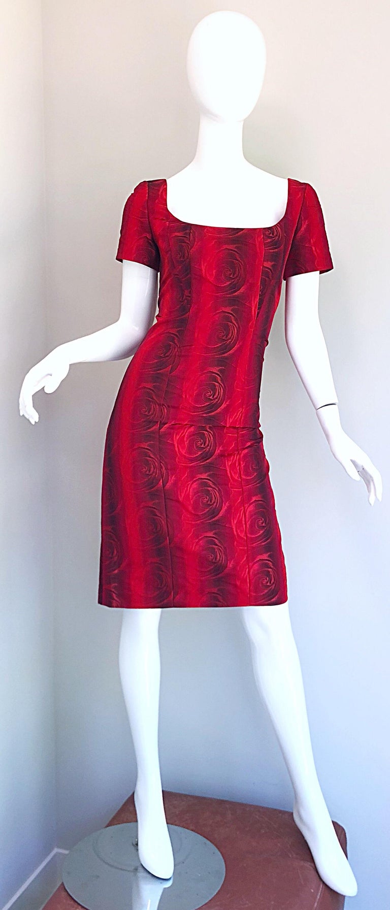 1990s Louis Feraud Size 6 Red Silk Abstract Rose Print Vintage 90s Silk ...