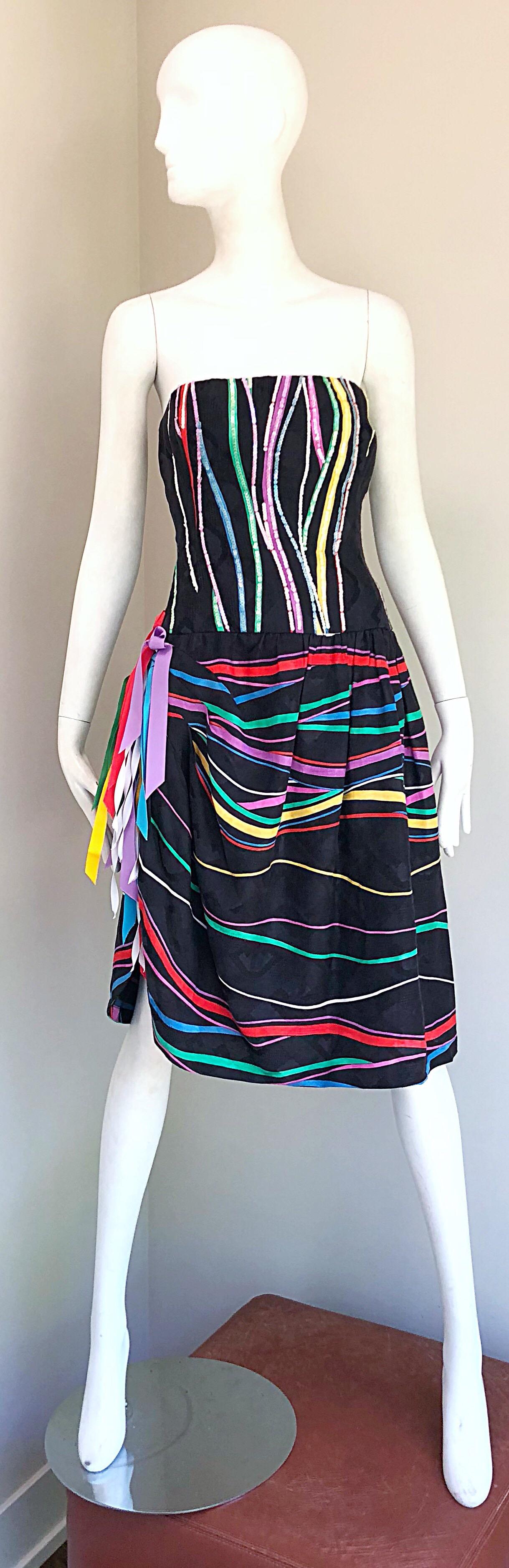 Black Late 1970s Bob Mackie Rare Sequin + Ribbons Vintage 70s Strapless Silk Dress For Sale