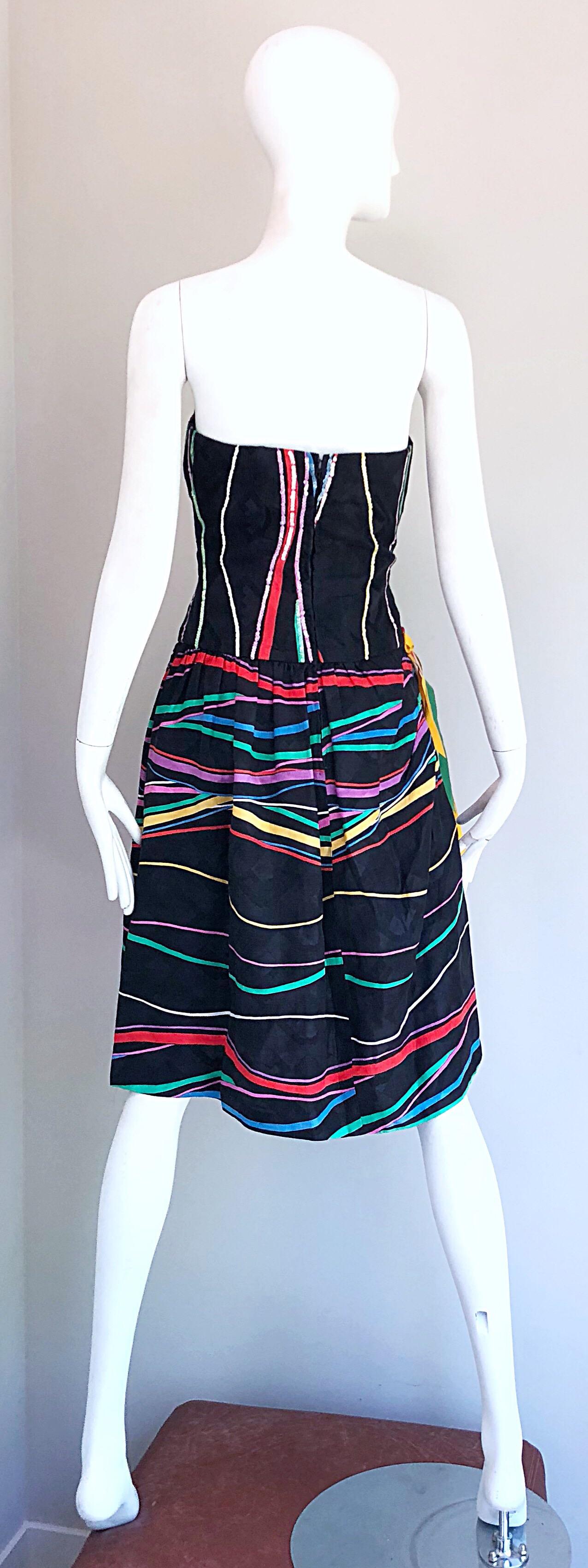 Women's Late 1970s Bob Mackie Rare Sequin + Ribbons Vintage 70s Strapless Silk Dress For Sale