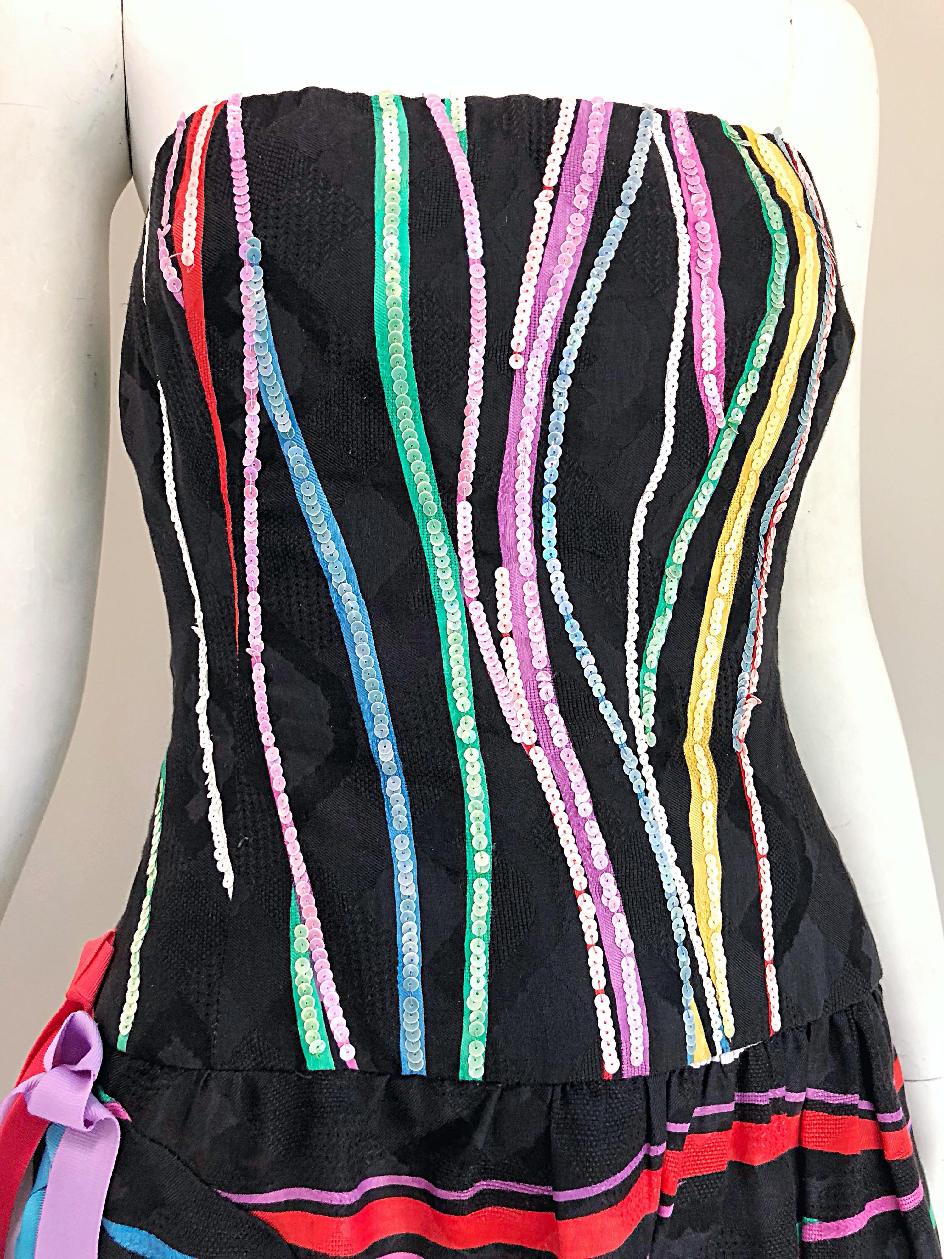 Finales de los 70 Bob Mackie Raro Vestido de seda sin tirantes Vintage 70s Lentejuelas + Cintas en venta 1