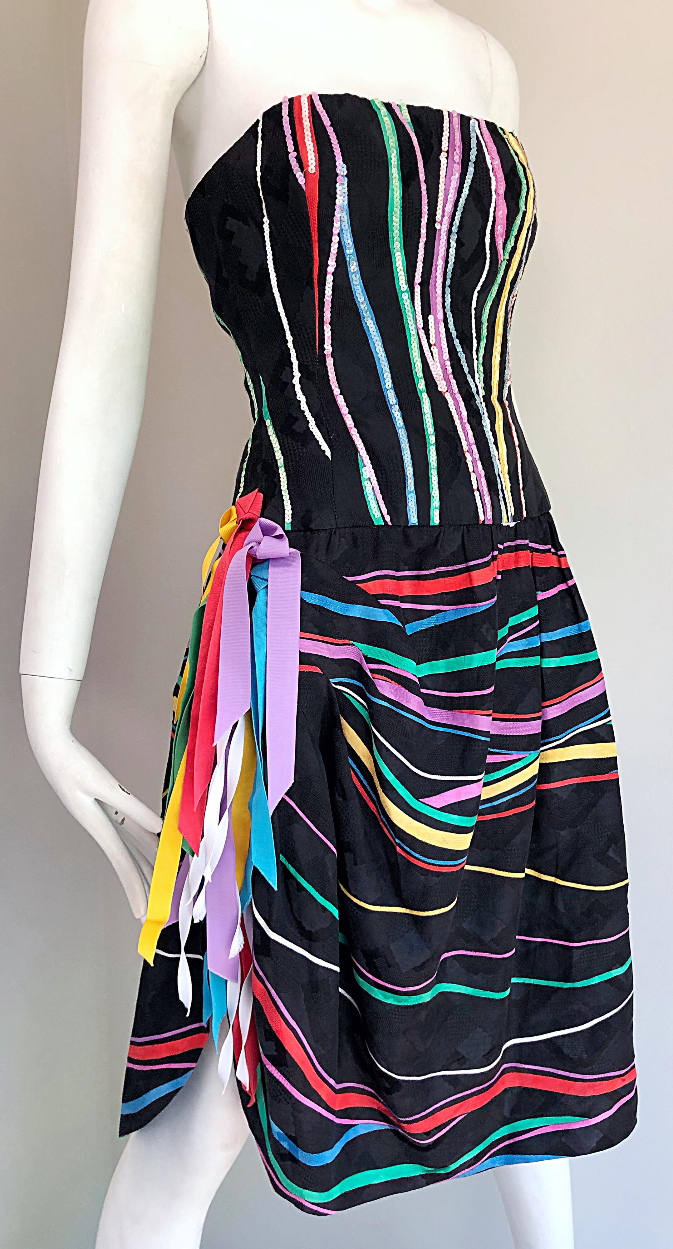 Late 1970s Bob Mackie Rare Sequin + Ribbons Vintage 70s Strapless Silk Dress For Sale 2