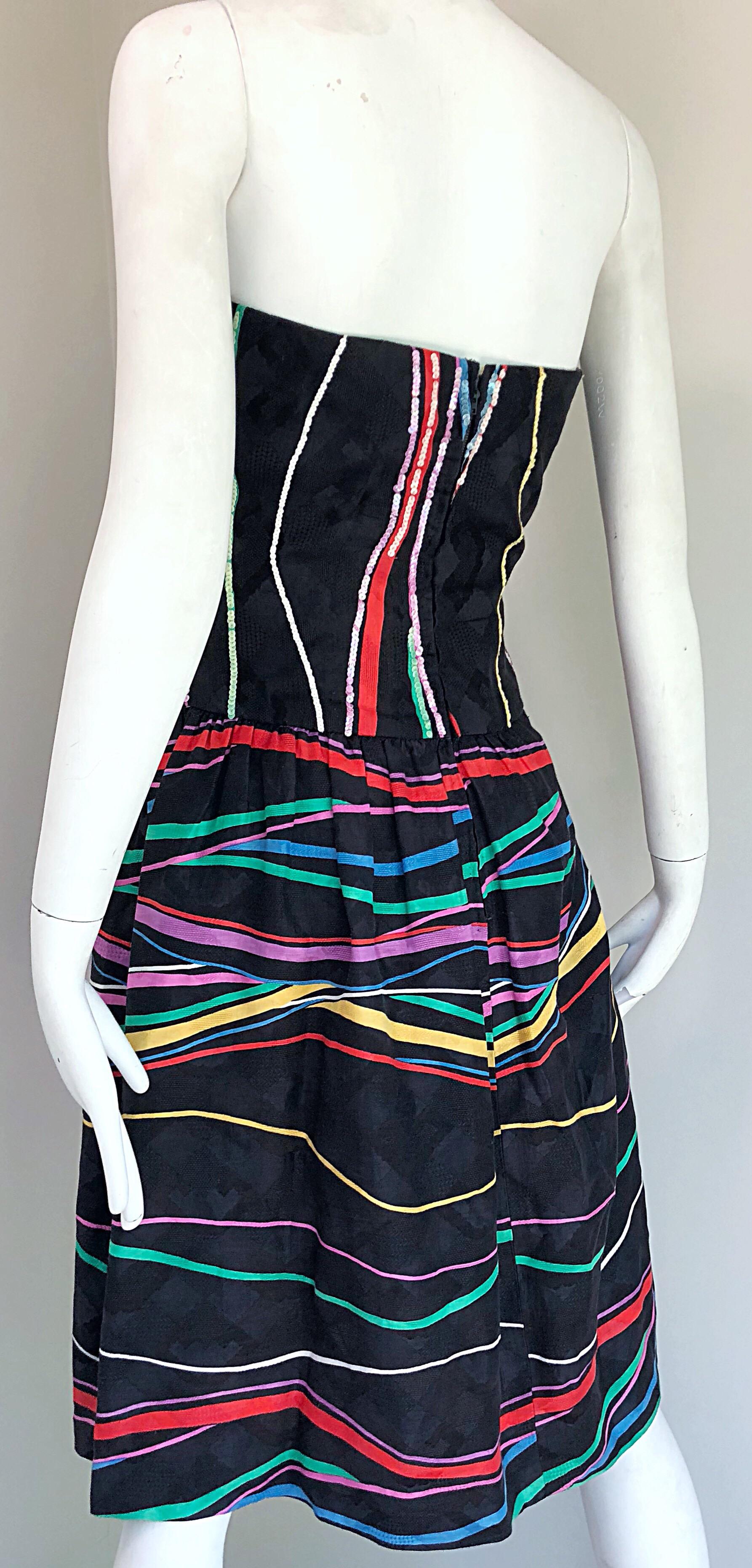 Late 1970s Bob Mackie Rare Sequin + Ribbons Vintage 70s Strapless Silk Dress For Sale 4