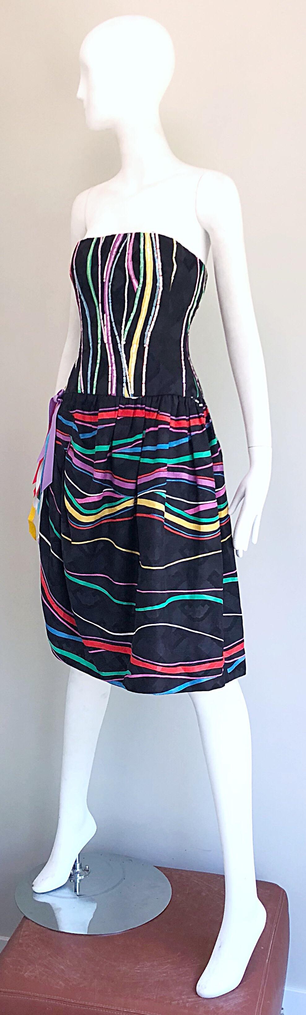 Late 1970s Bob Mackie Rare Sequin + Ribbons Vintage 70s Strapless Silk Dress For Sale 5