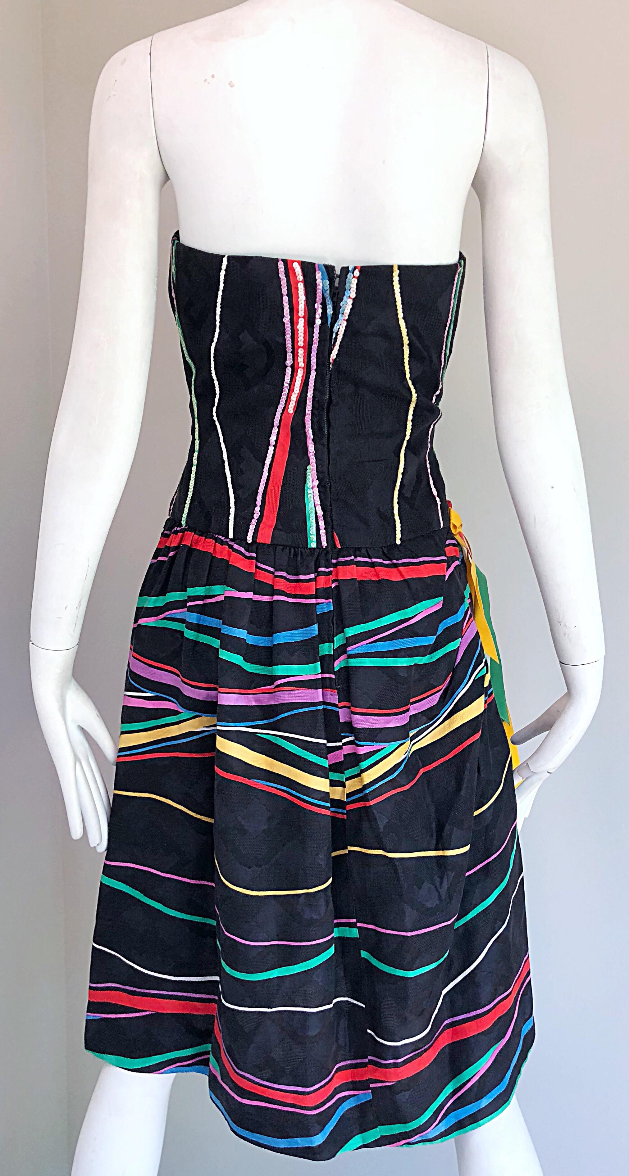 Late 1970s Bob Mackie Rare Sequin + Ribbons Vintage 70s Strapless Silk Dress For Sale 6