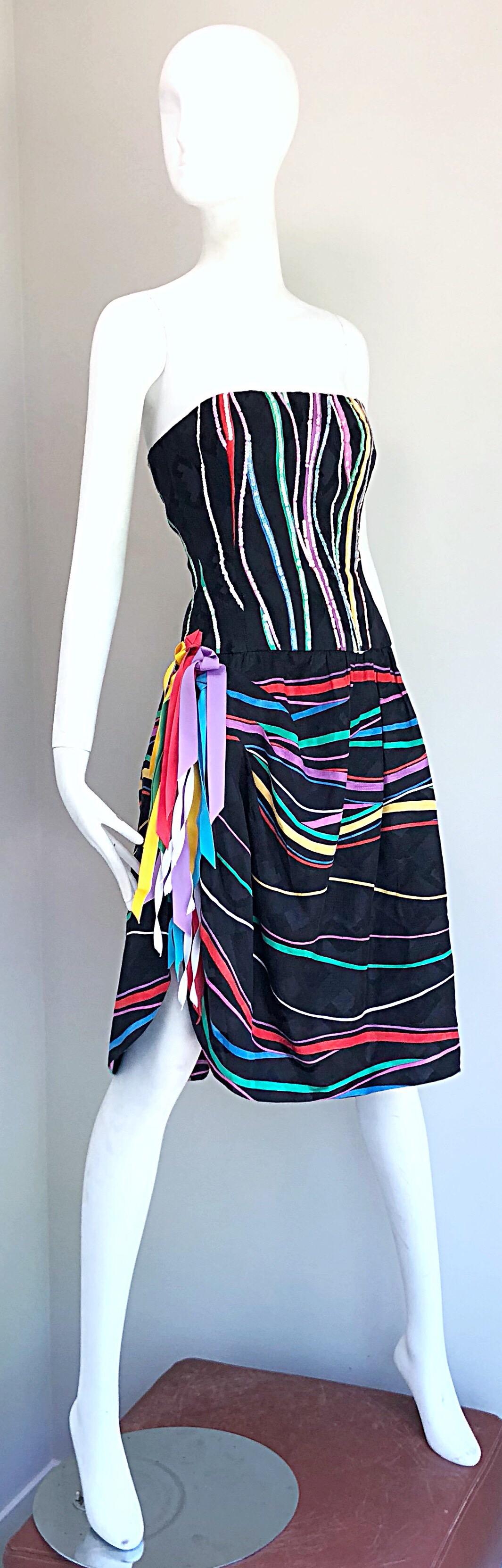 Late 1970s Bob Mackie Rare Sequin + Ribbons Vintage 70s Strapless Silk Dress For Sale 7