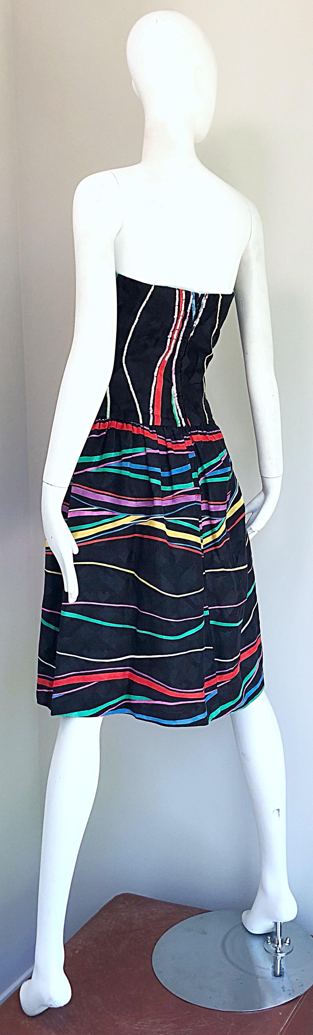 Late 1970s Bob Mackie Rare Sequin + Ribbons Vintage 70s Strapless Silk Dress For Sale 8