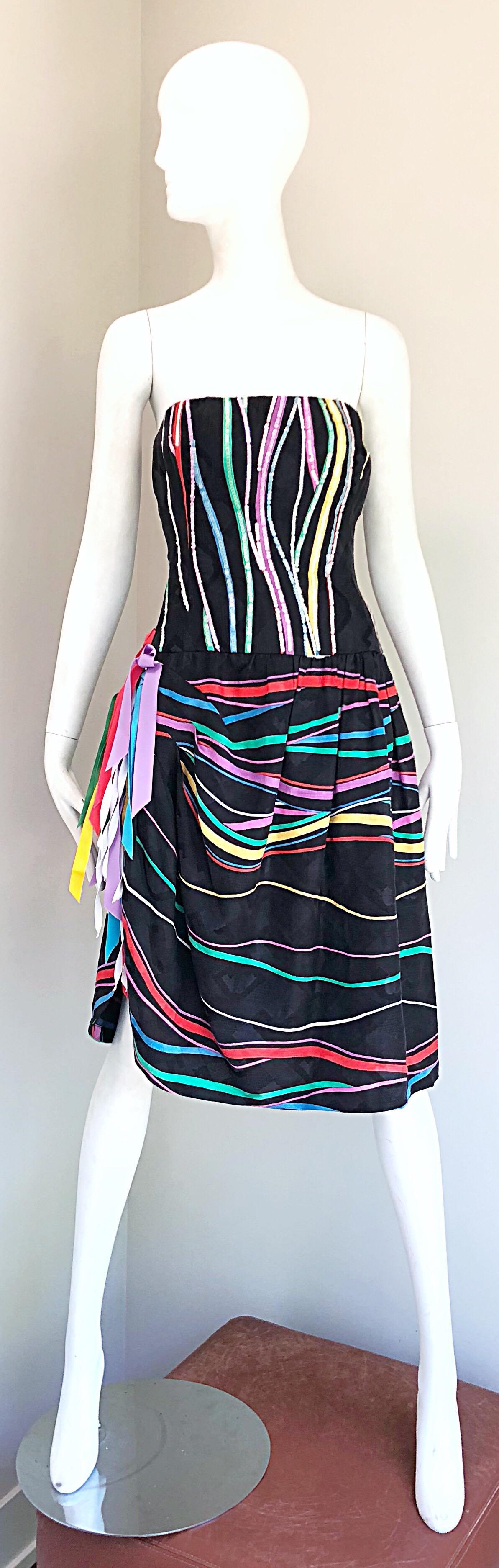 Late 1970s Bob Mackie Rare Sequin + Ribbons Vintage 70s Strapless Silk Dress For Sale 9