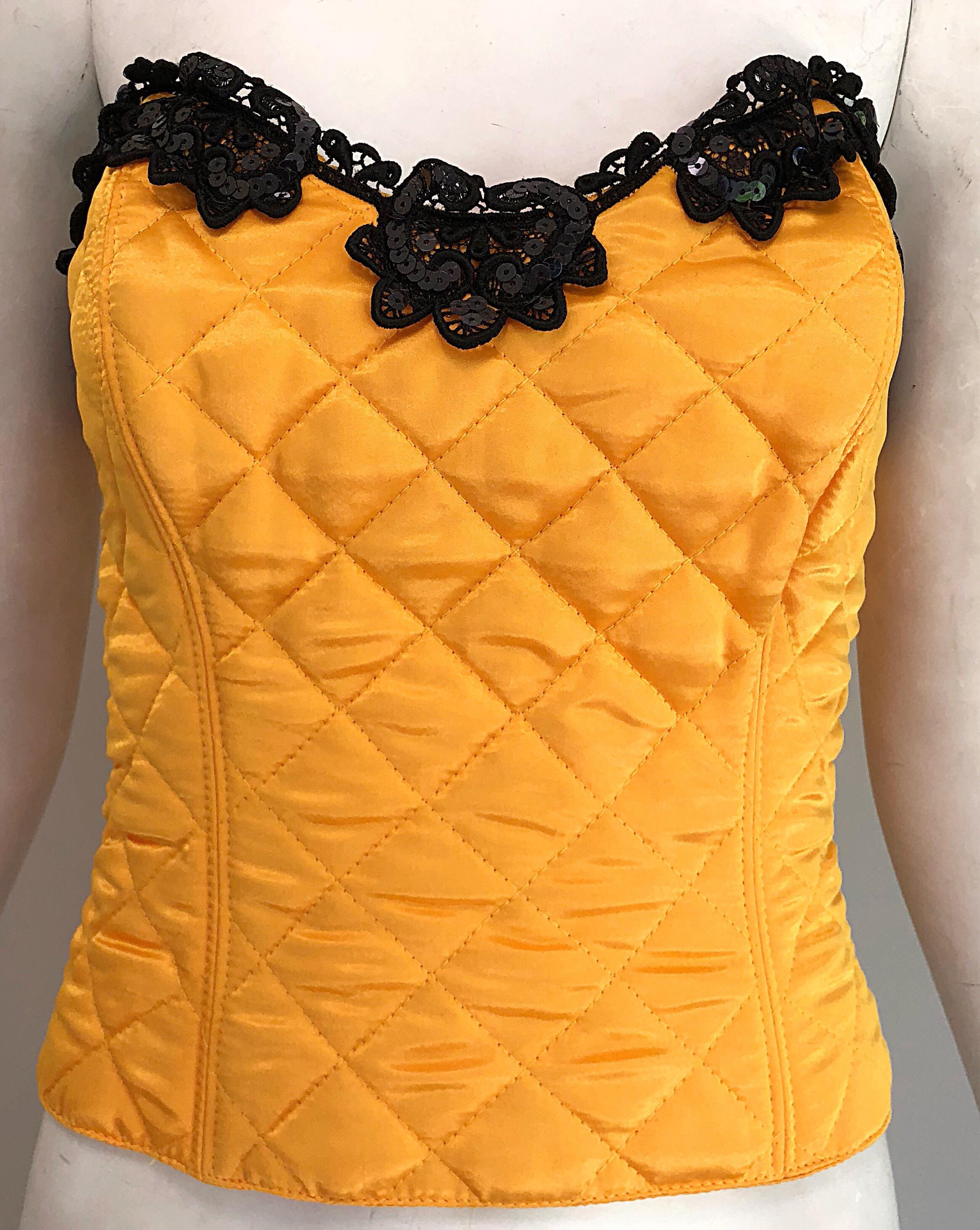 Women's 1990s Natori for Neiman Marcus Yellow Quilted Sequin Strapless Vintage Bustier For Sale