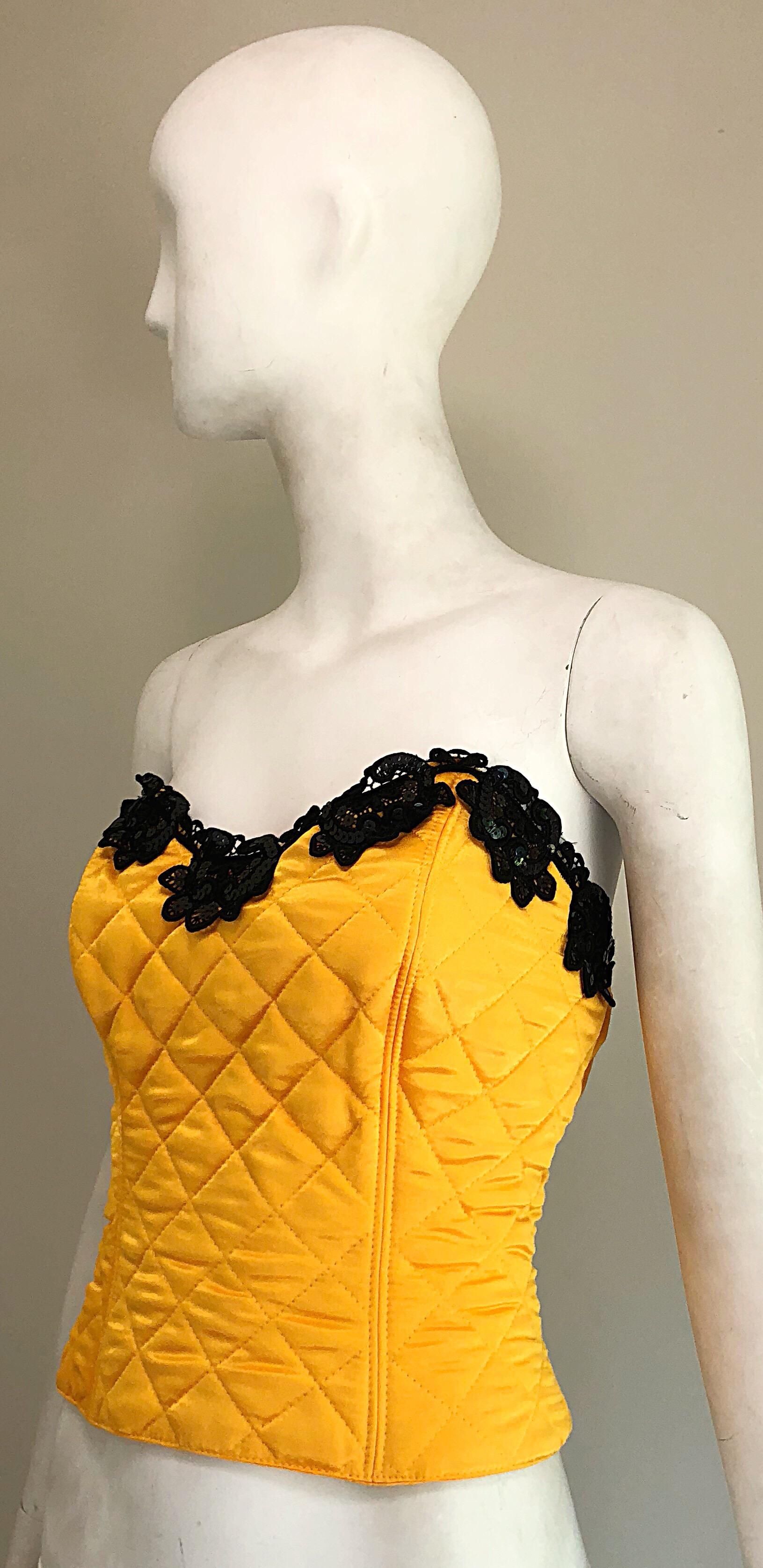 1990s Natori for Neiman Marcus Yellow Quilted Sequin Strapless Vintage Bustier For Sale 1