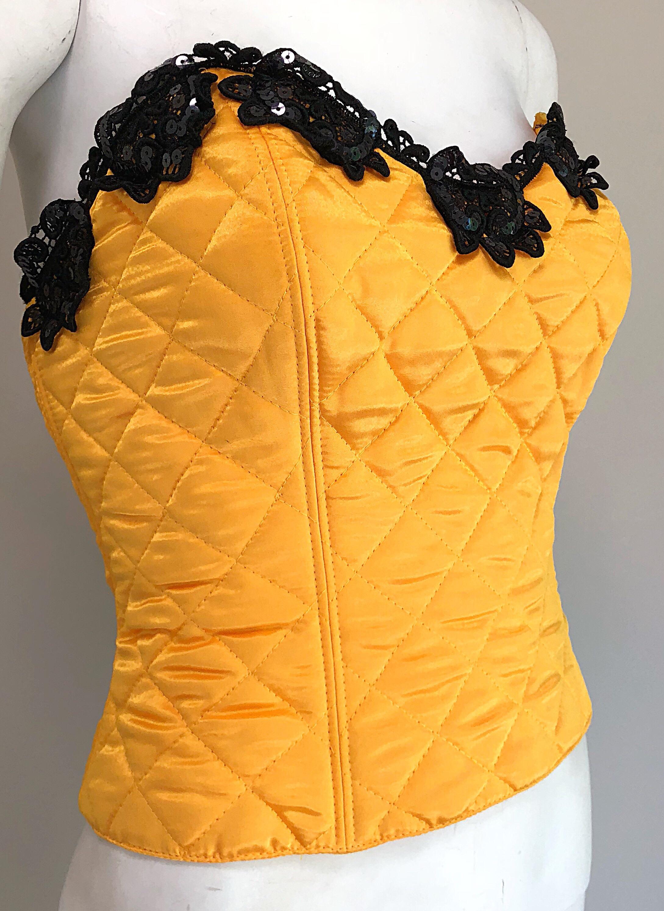 1990s Natori for Neiman Marcus Yellow Quilted Sequin Strapless Vintage Bustier For Sale 3