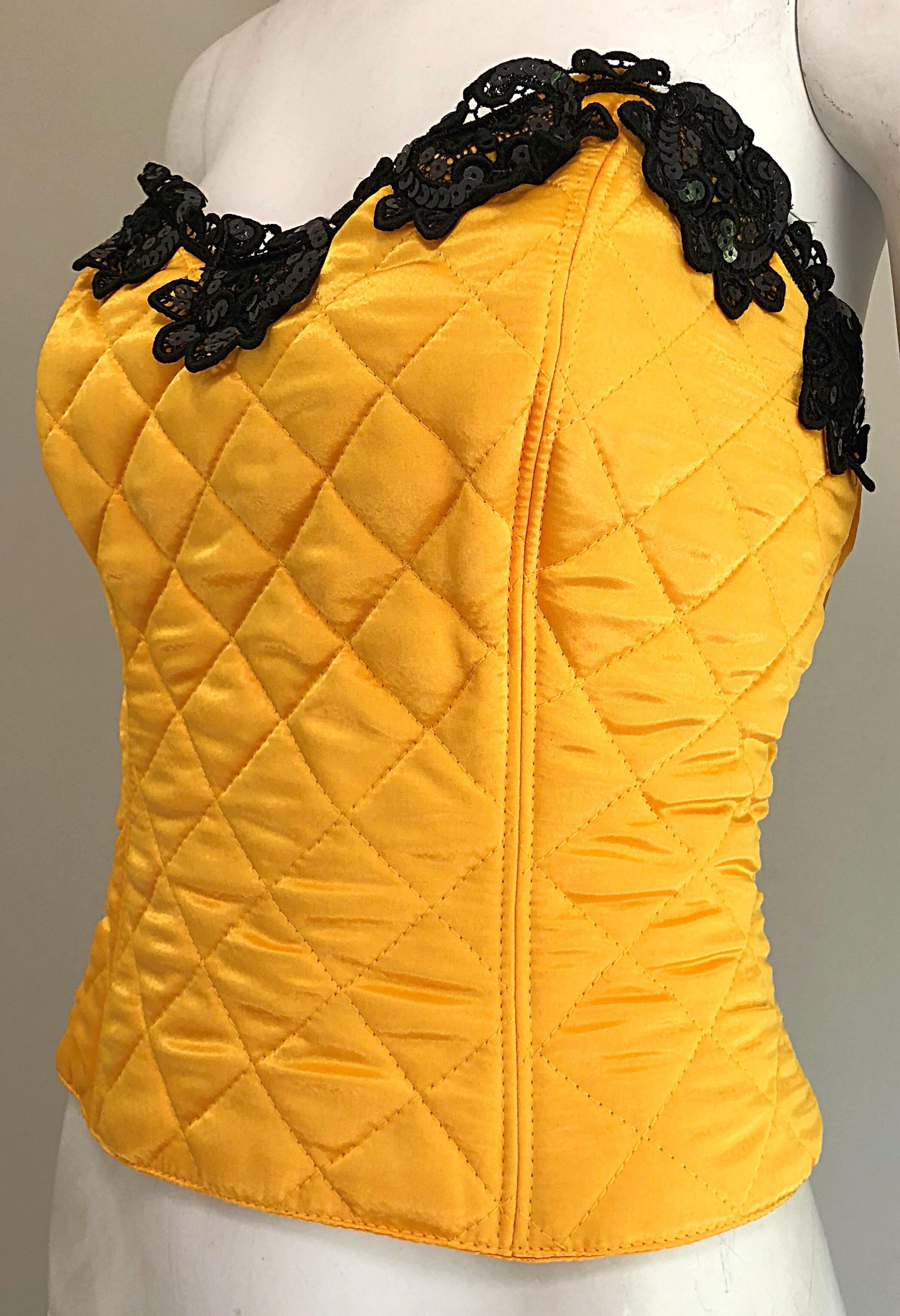 1990s Natori for Neiman Marcus Yellow Quilted Sequin Strapless Vintage Bustier For Sale 5