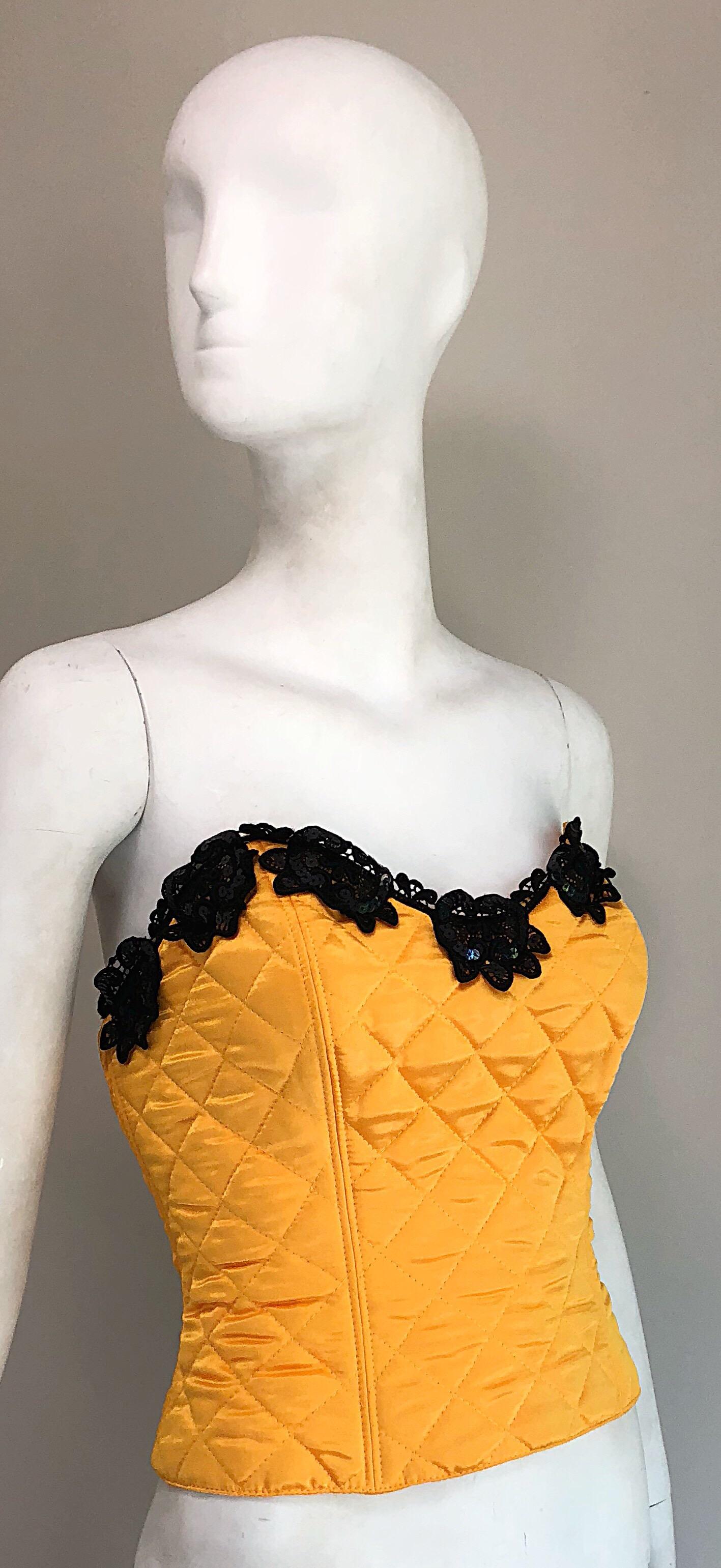 1990s Natori for Neiman Marcus Yellow Quilted Sequin Strapless Vintage Bustier For Sale 7
