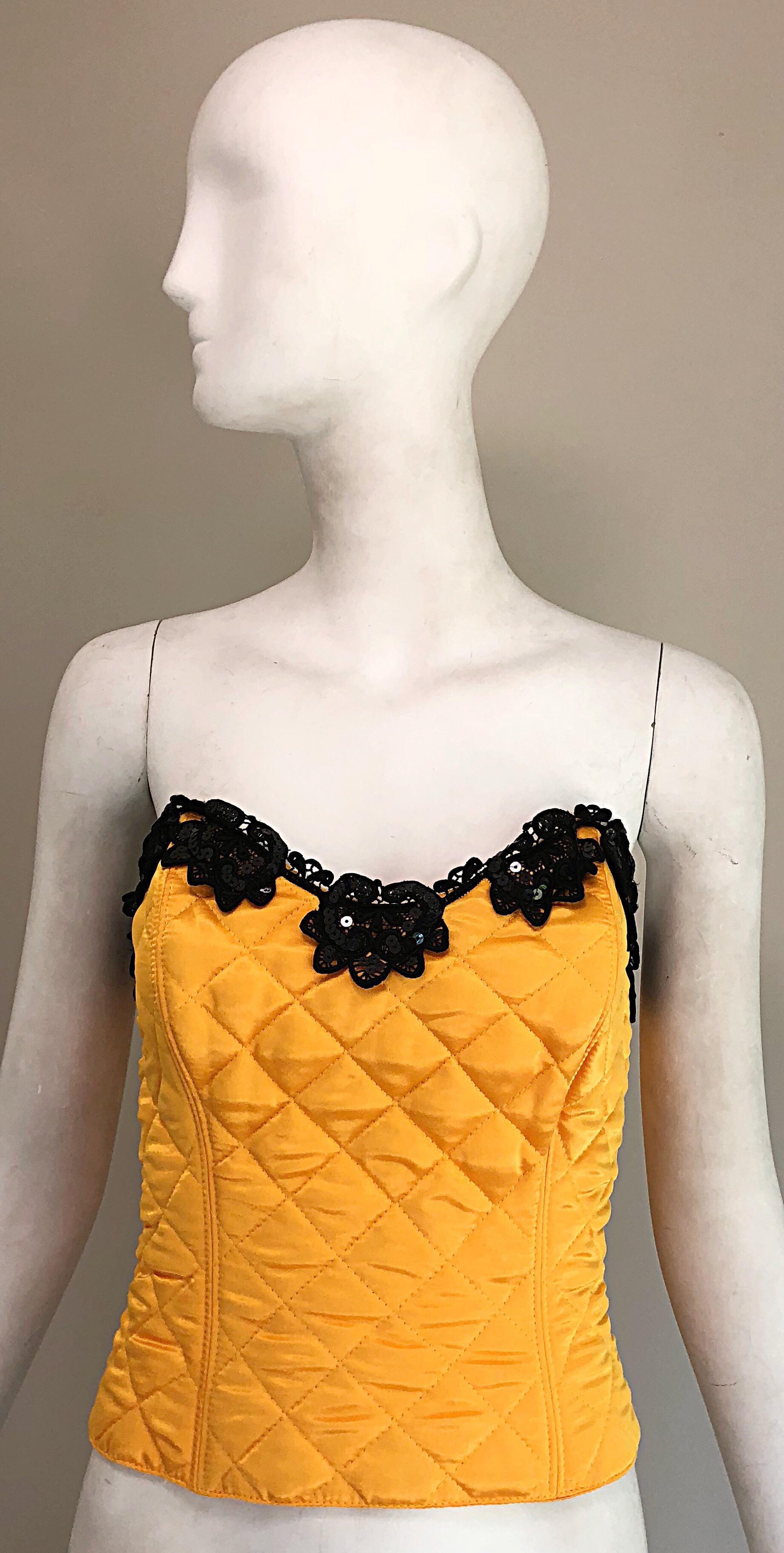 1990s Natori for Neiman Marcus Yellow Quilted Sequin Strapless Vintage Bustier For Sale 8