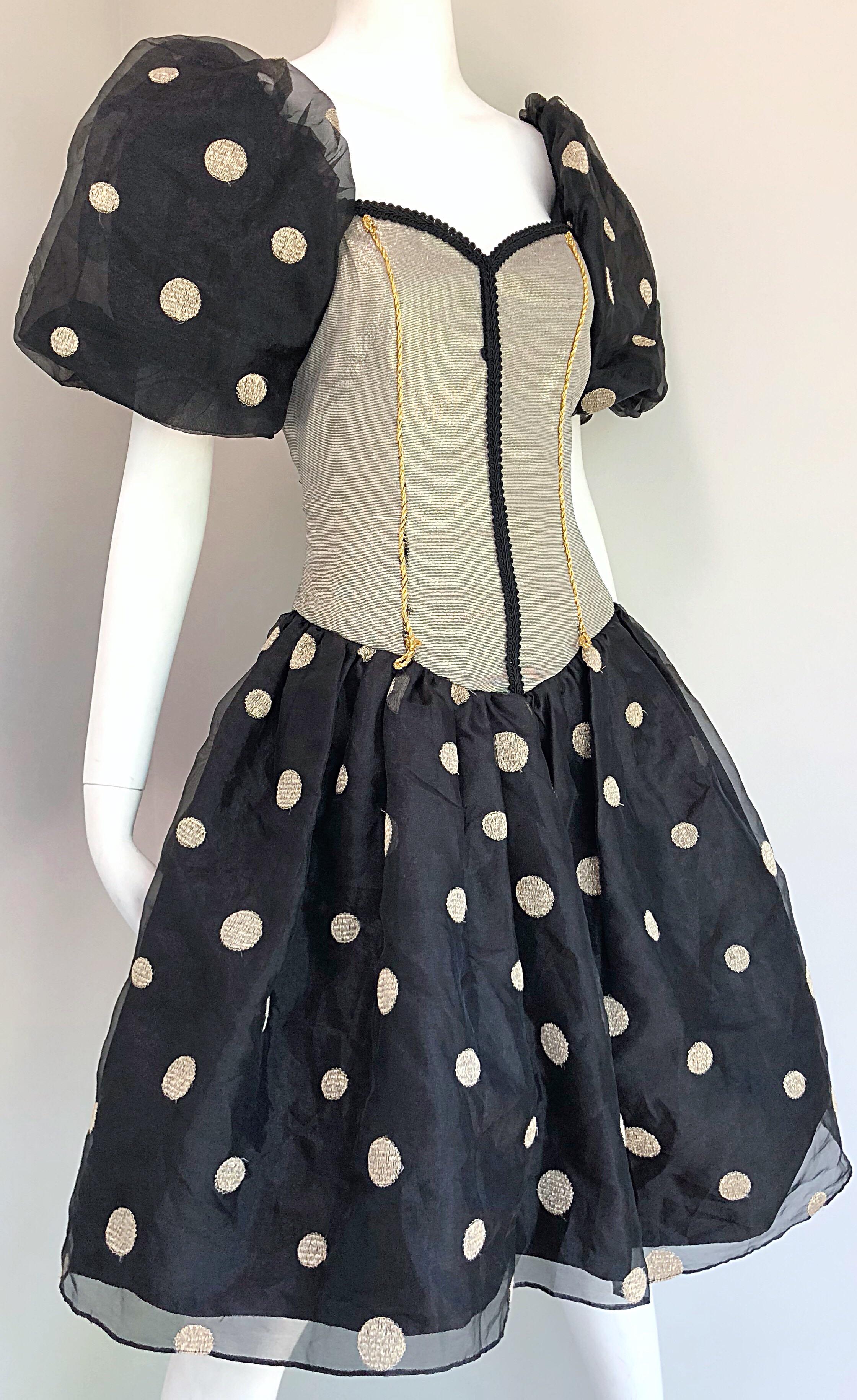 Fabulous 1980s Avant Garde Gold + Black Polka Dot Puff Sleeve Vintage 80s Dress In Excellent Condition For Sale In San Diego, CA