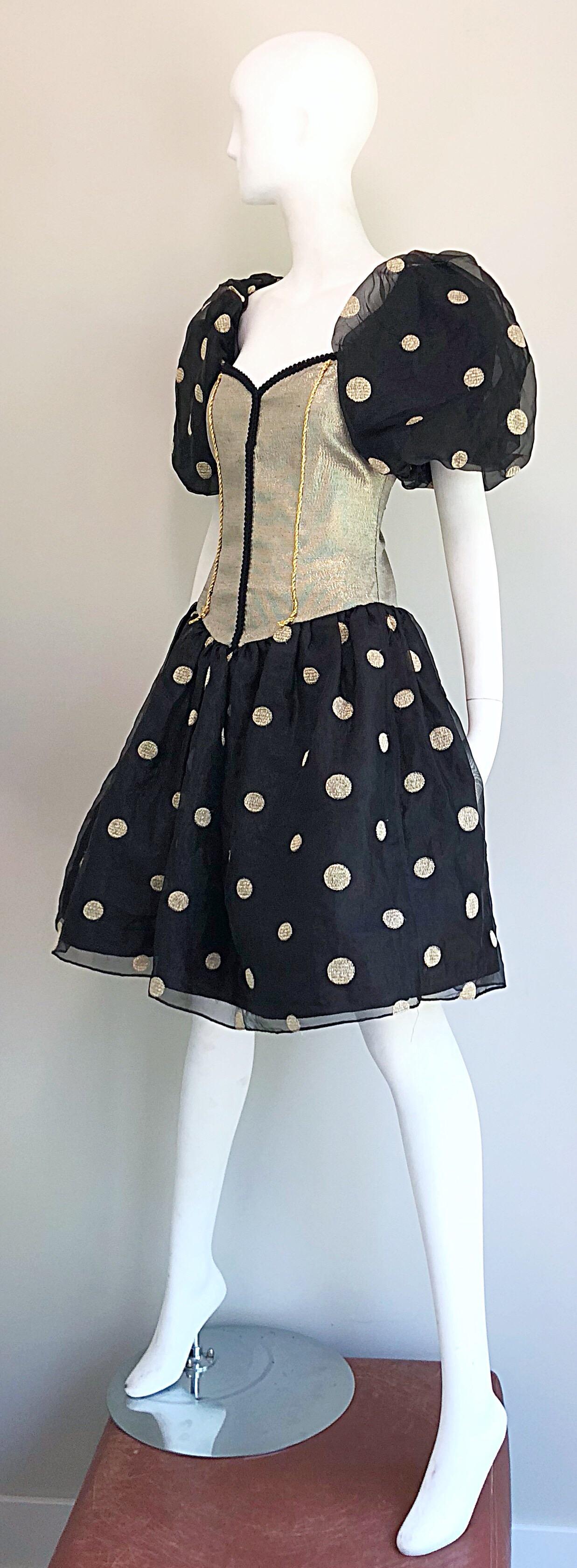 Women's Fabulous 1980s Avant Garde Gold + Black Polka Dot Puff Sleeve Vintage 80s Dress For Sale