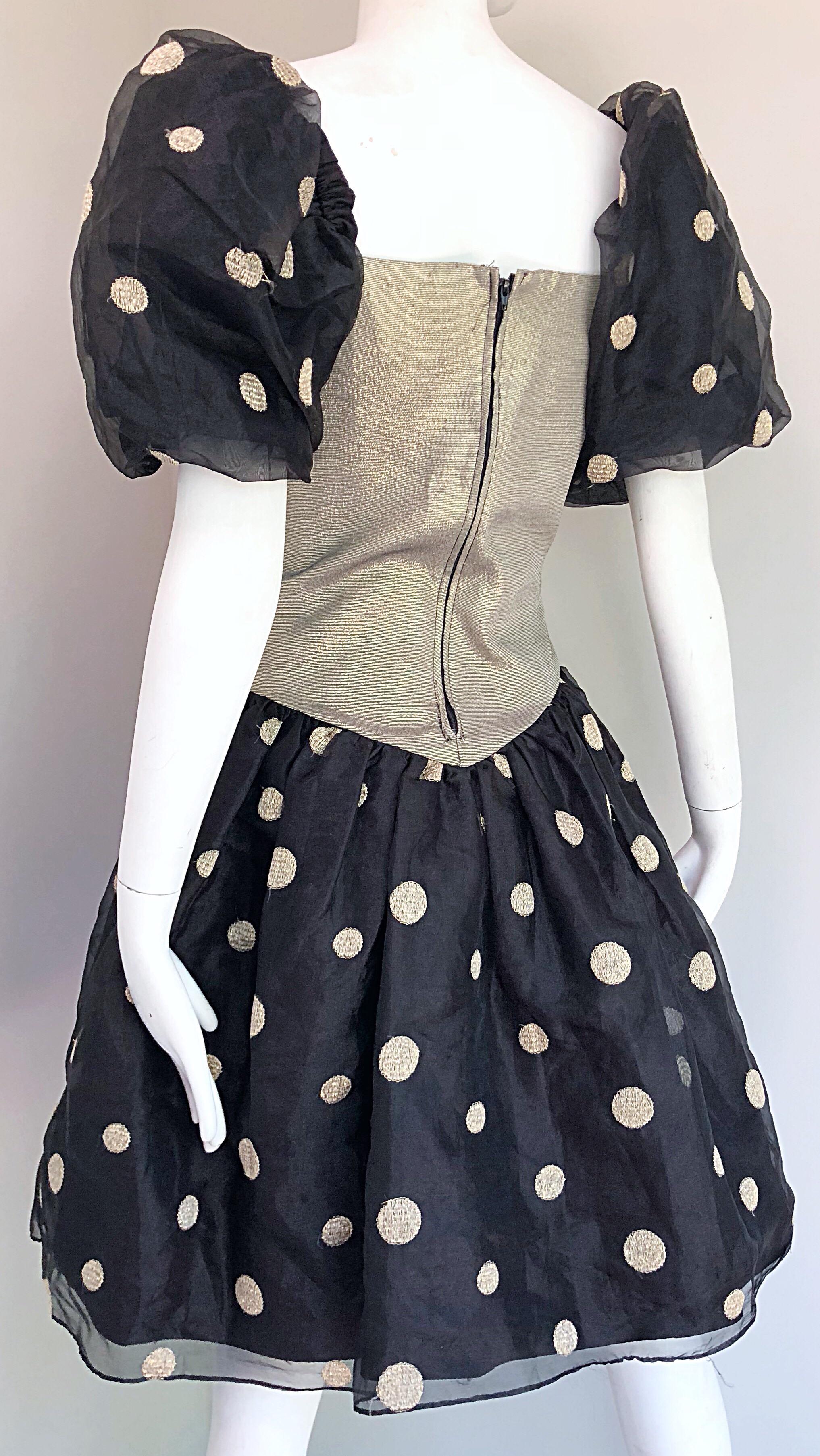 Fabulous 1980s Avant Garde Gold + Black Polka Dot Puff Sleeve Vintage 80s Dress For Sale 2
