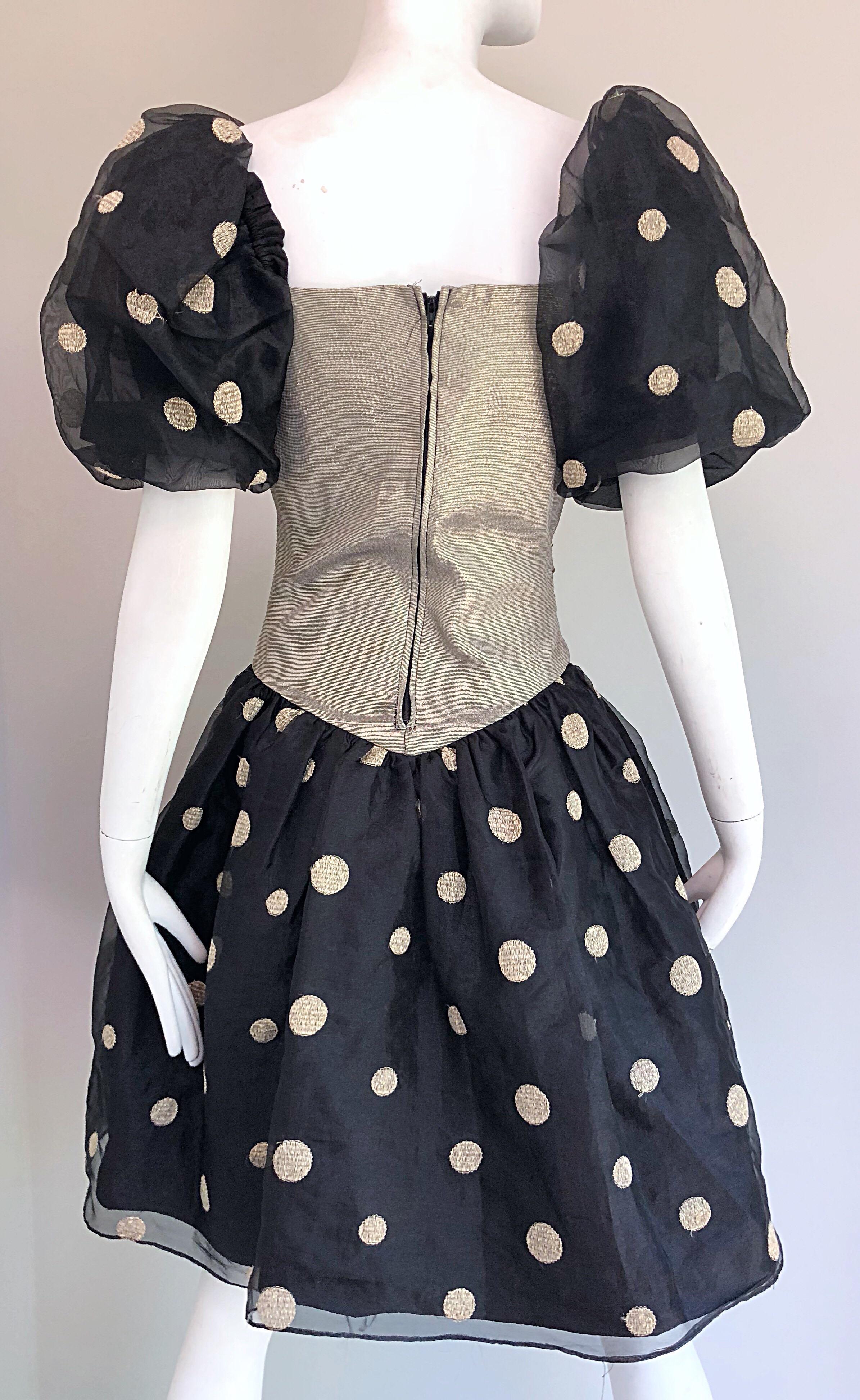 Fabulous 1980s Avant Garde Gold + Black Polka Dot Puff Sleeve Vintage 80s Dress For Sale 4