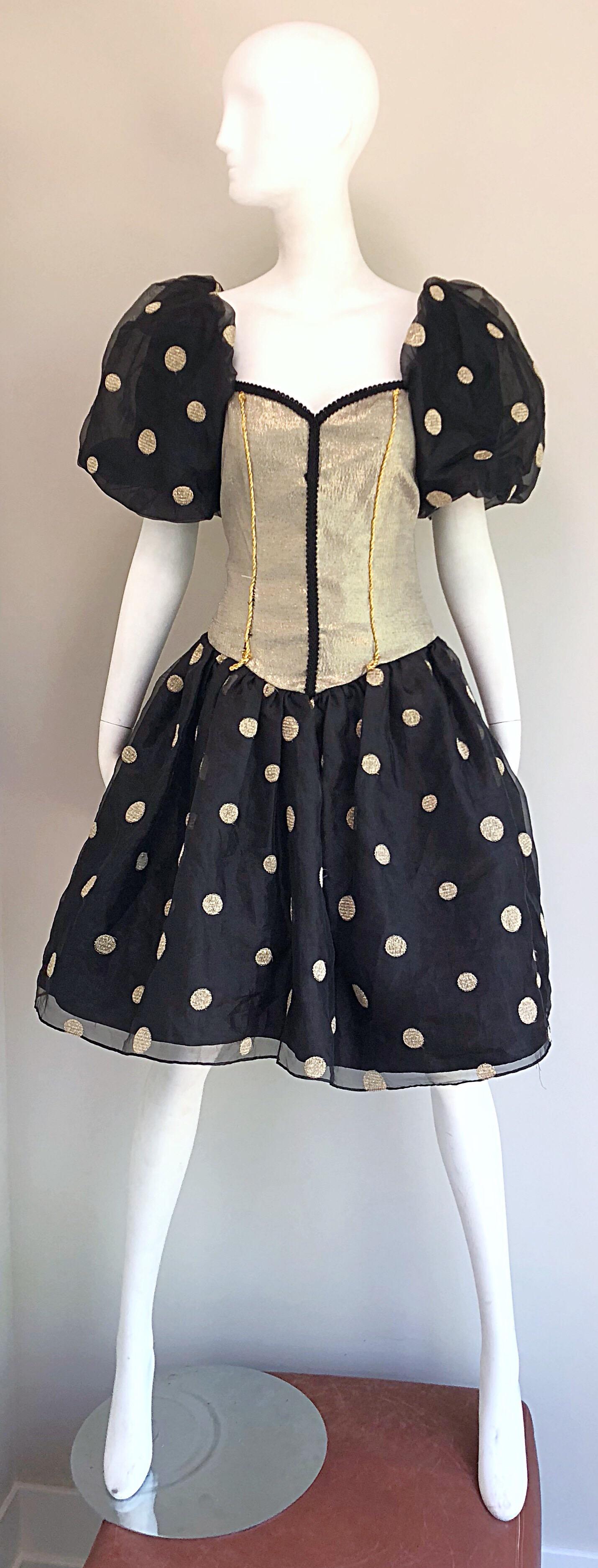 Fabulous 1980s Avant Garde Gold + Black Polka Dot Puff Sleeve Vintage 80s Dress For Sale 7