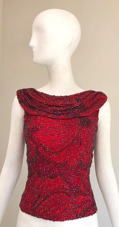 Beautiful 1990s Andretta Donatello Red Silk Abstract Fully Beaded Vintage Top
