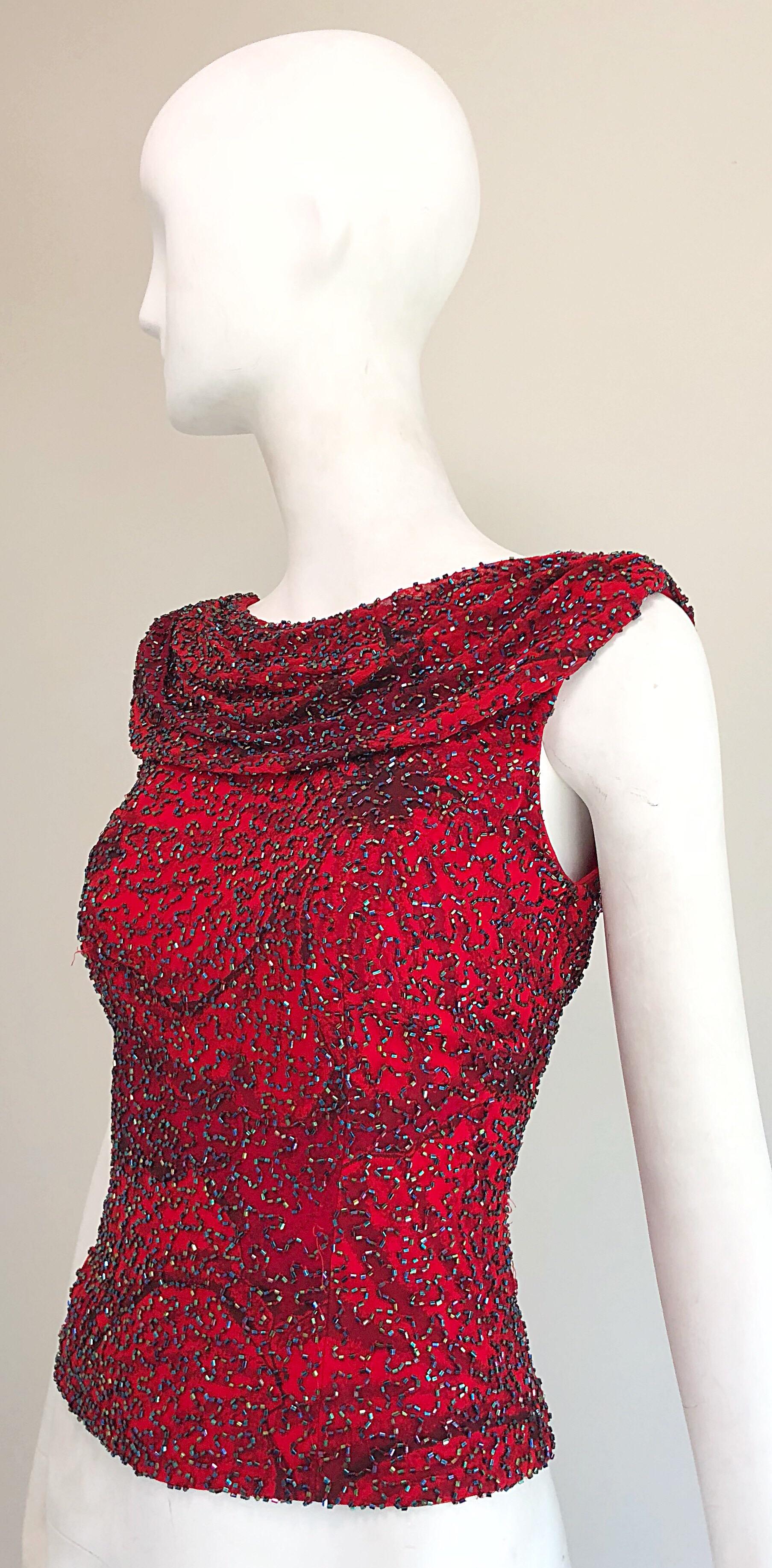 Beautiful 1990s Andretta Donatello Red Silk Abstract Fully Beaded Vintage Top In Excellent Condition In San Diego, CA